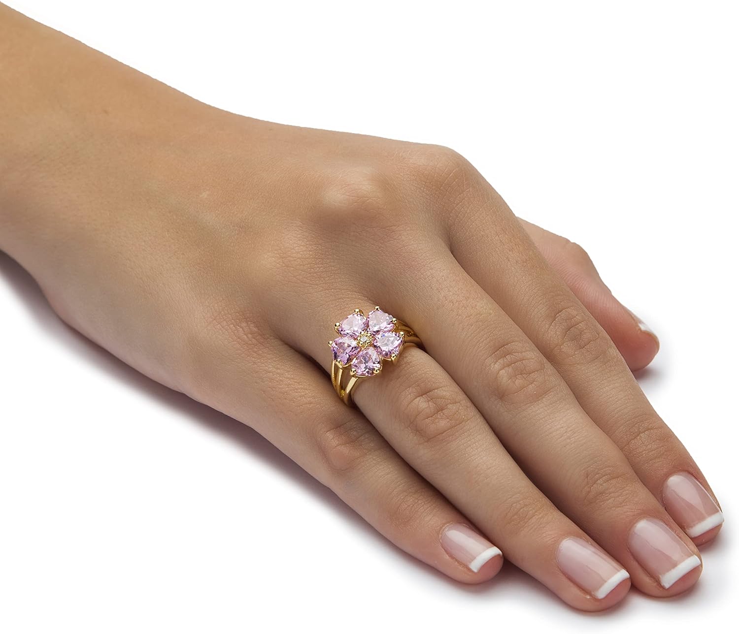Palm Beach Jewelry PalmBeach Yellow Gold-Plated Heart Shaped Pink Cubic Zirconia Flower Petals Ring Sizes 5-10