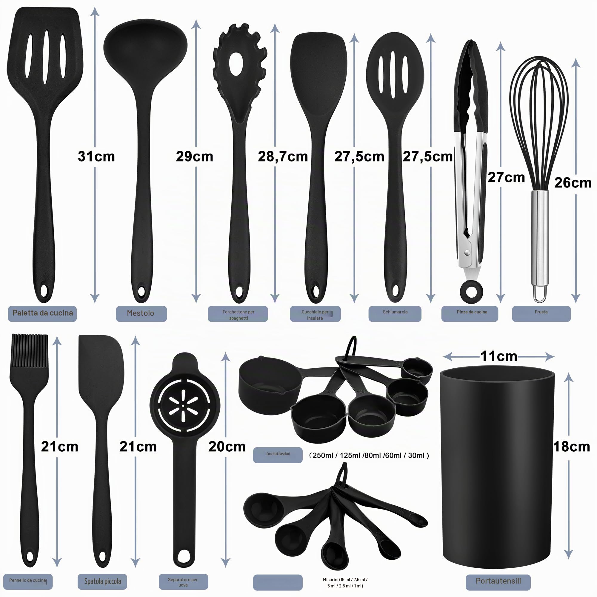 HaWare Set utensile da cucina, 21 pezzi in silicone, antiaderente, pentole con porta utensile, lavabile in lavastoviglie, colore nero