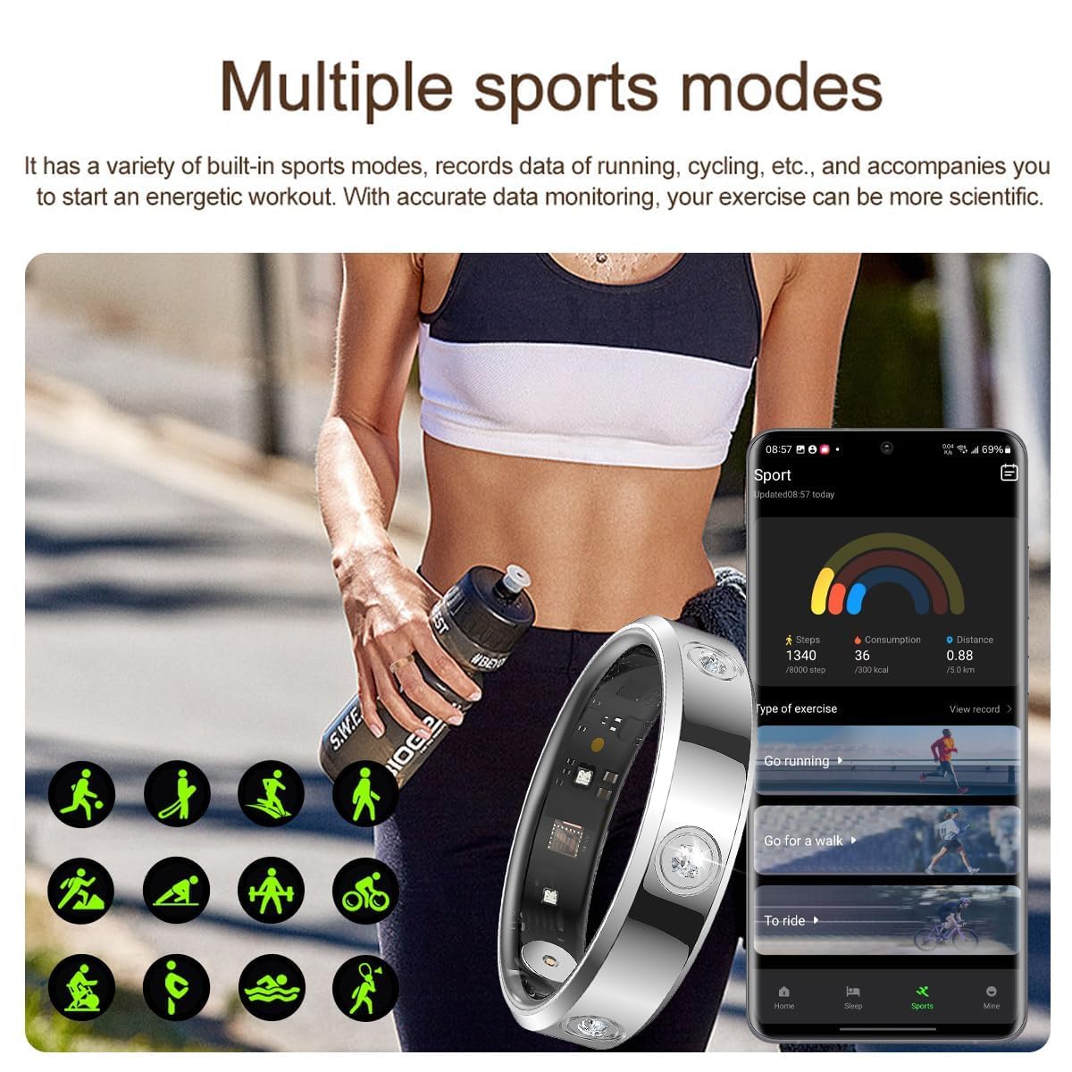 findtime Smart Ring - Anneaux de fitness ultra étroits - Moniteur de fréquence cardiaque - Moniteur de sommeil - Oxygène dans le sang - Moniteur de santé - Compteur de pas de calories - Podomètre