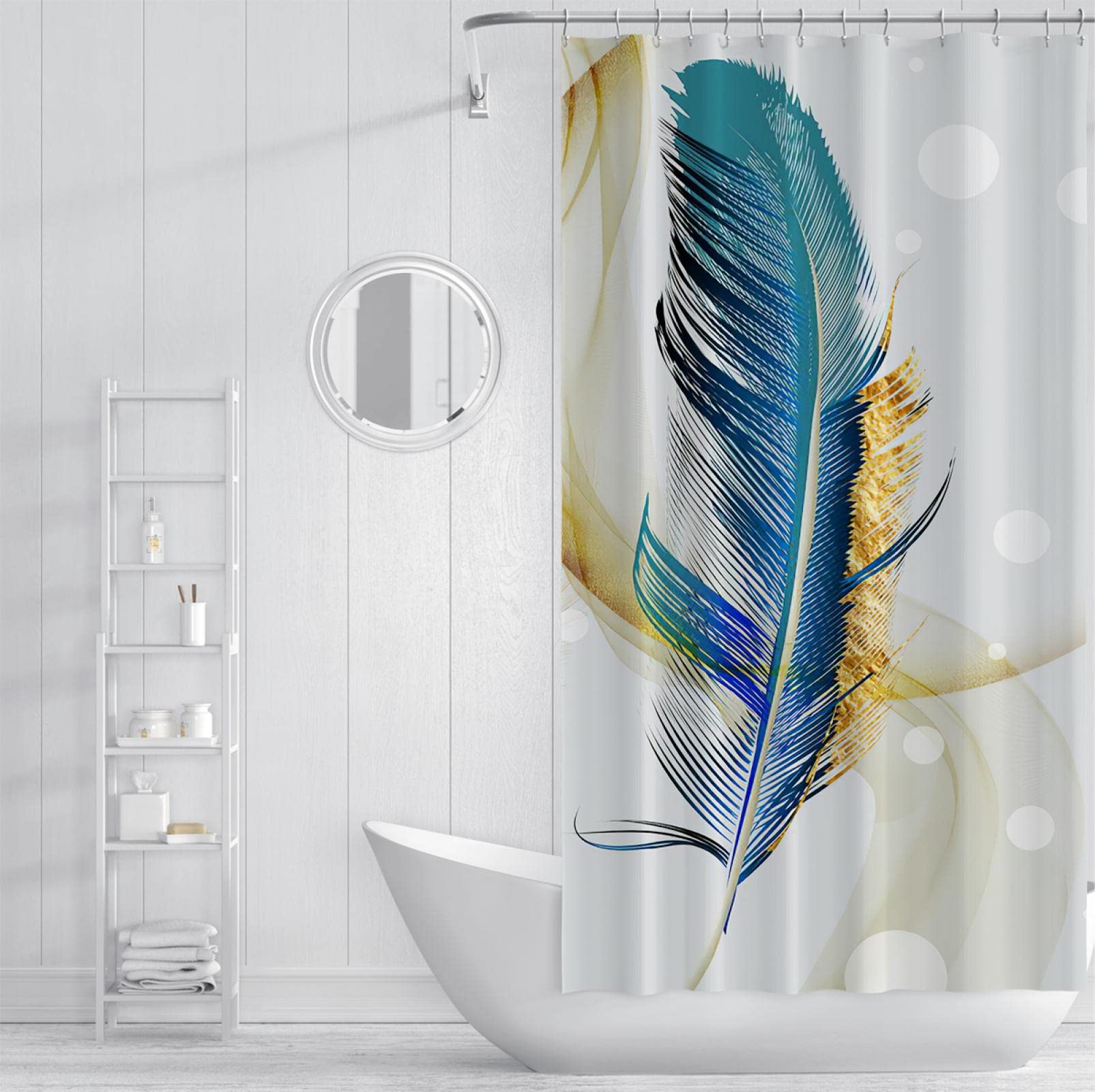 Niebieskie i złote pióra zasłona prysznicowa do łazienki innowacyjny design miękkie wspaniałe pióra tkanina zasłony prysznicowe luksusowy styl hotelowy 182 szer. x 213 cm (dł.)