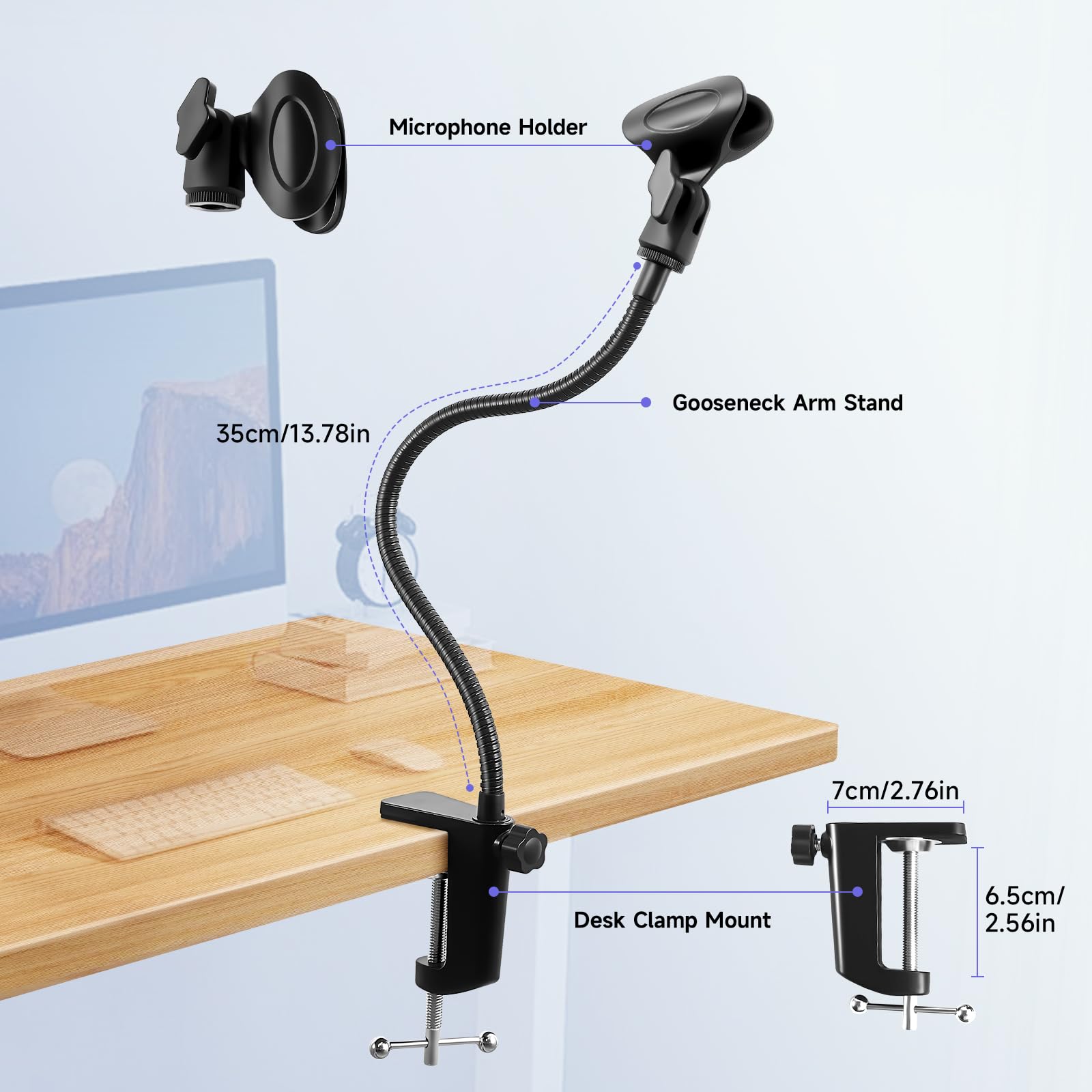 Podium Microphone Holder & Mic Holder -13.78" Flexible Gooseneck Desktop Mic Stands Holder with 0.38" to 0.63" Adapter Clamp for Lectern Podium Podcast Meetings Lectures Pulpit Streaming Gaming Studio