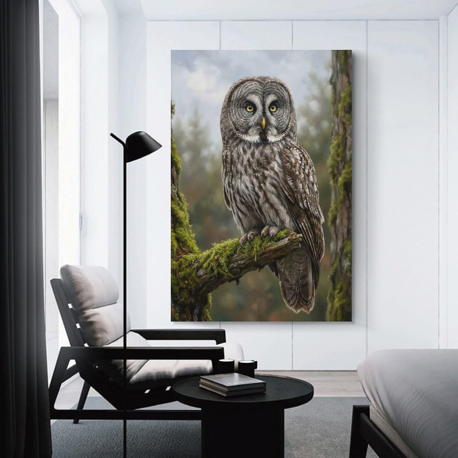 Junmoney Great Grey Owl Perched on Mossy Branch Home Decor Wall Art 12x18inch(30x45cm), for Office, Study Or Home Workspace, Home Office Artwork with Decorative Appeal