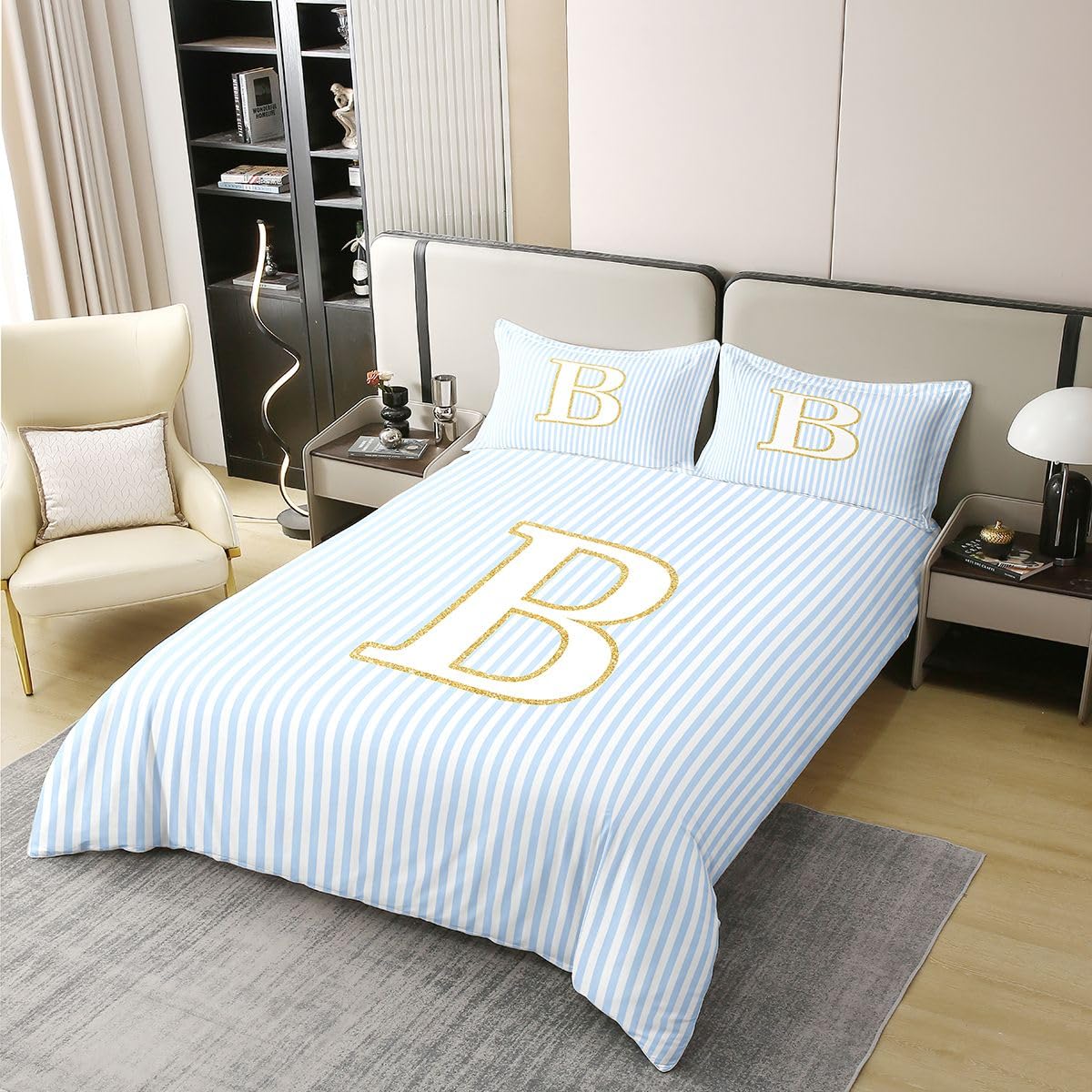 Homewish Nowoczesny monogram B King pościel dla dzieci nastolatków dorosłych bawełna poszewka na kołdrę zestaw niebieski biały abstrakcyjny w paski poszewka na kołdrę modne paski litera początkowe