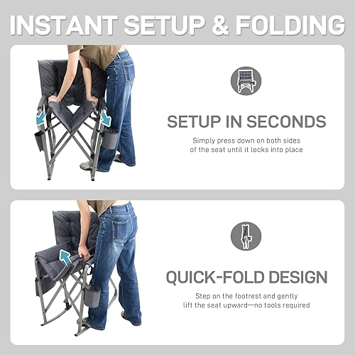 Miniatura 4 de EVER ADVANCED Silla mecedora ligera y plegable para campamento, silla mecedora portátil acolchada para patio, césped y exteriores, sillón duro