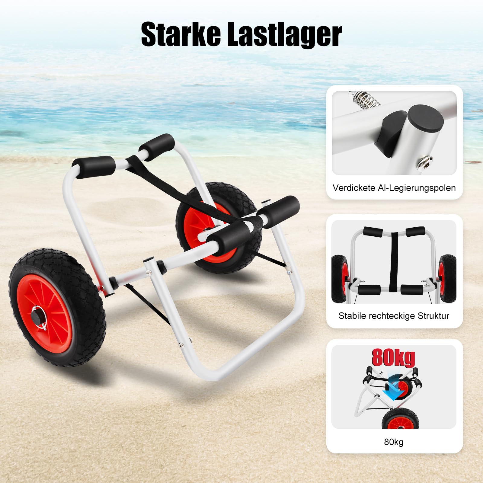 Trolley Sup Transportwagen Kajakwagen bis 80 KG Aluminium Sup Wagen Klappbar Transportwagen Paddle Board Transport Wagen mit Fußpolster, Verbindungsverschluss