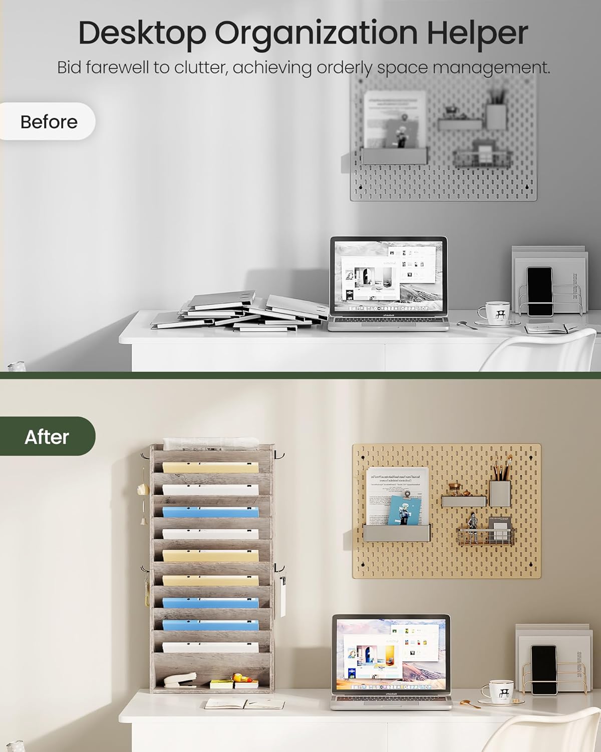 Wall File Organizer, 10-Tier Hanging Mail Organizer, Wall Mount File Holder with 4 Side Hooks, Industrial Mail and Storage Organizer, Wooden Vertical Hanging Holder for Office, Greige MWJ03FH