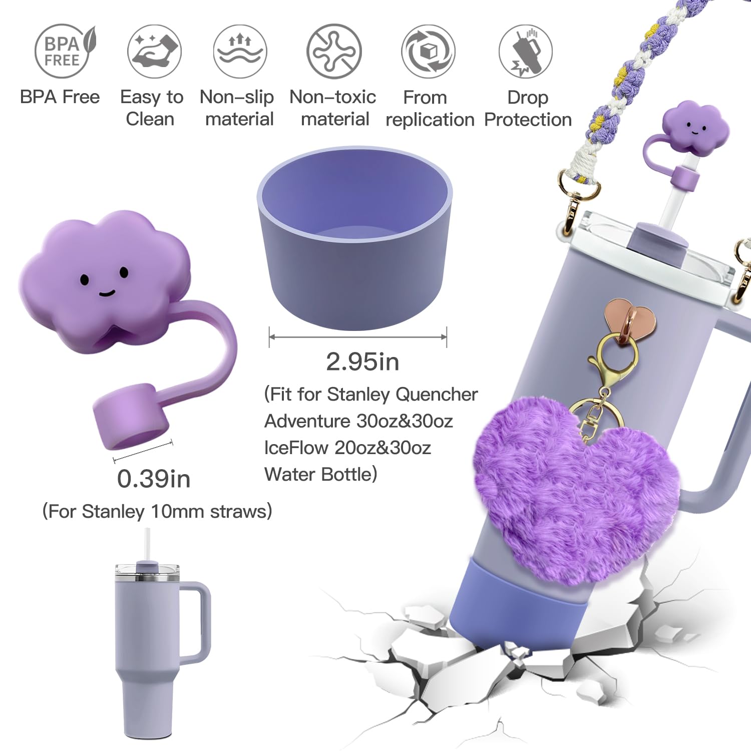 WADY Set Accessori Stanley 7 Pezzi - Stivale In Silicone, Cinturino Boho, Tappo Per Cannuccia, Ciondoli E Portachiavi - Per Tazze Stanley 30/40 Oz - Regalo Completo (Bianco)