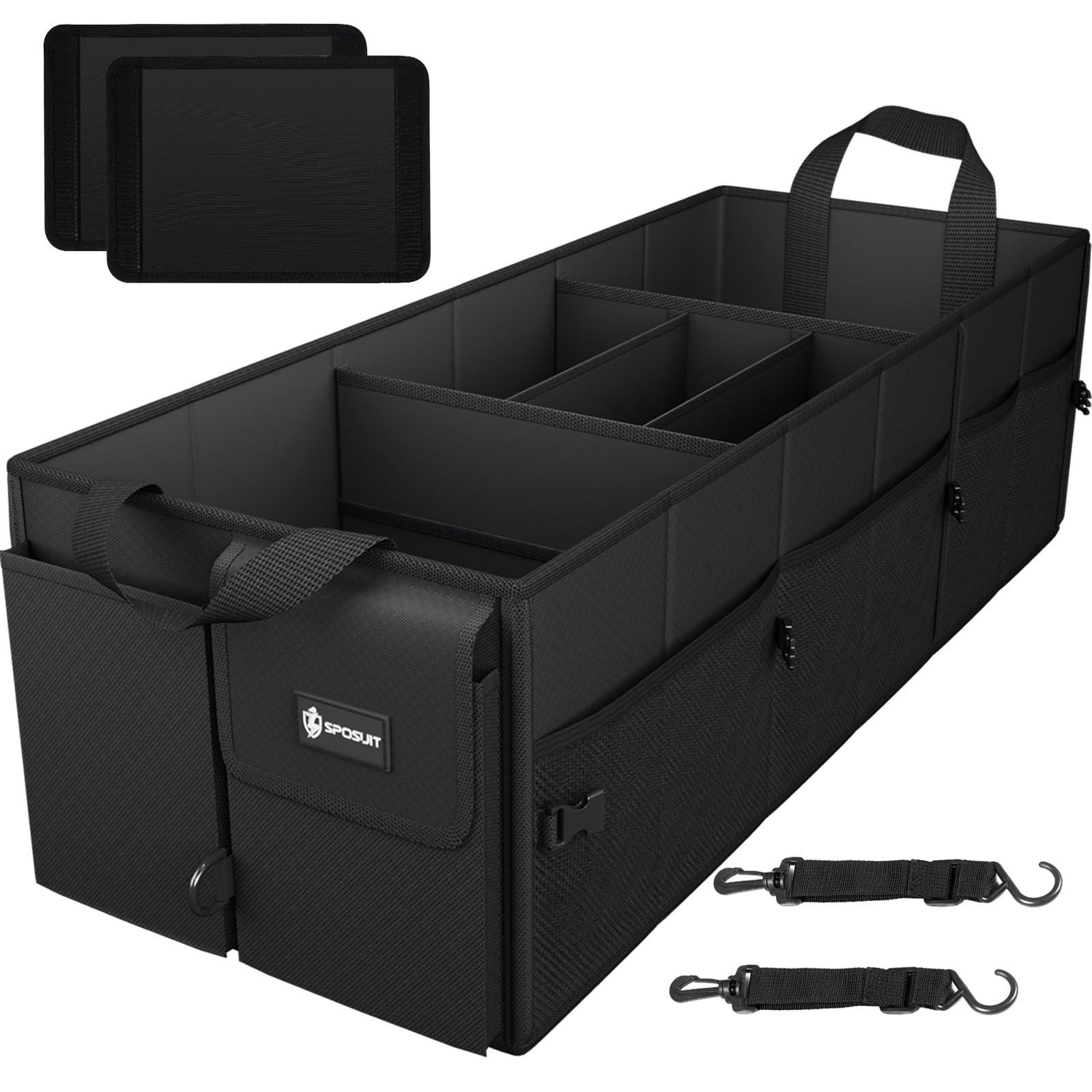 Sposuit Extra Large Trunk Organizer 98L Collapsible Car Storage Trunk Organizer with Removable Dividers & Adjustable Securing Straps, Large Trunk Organizer for Car SUV Van