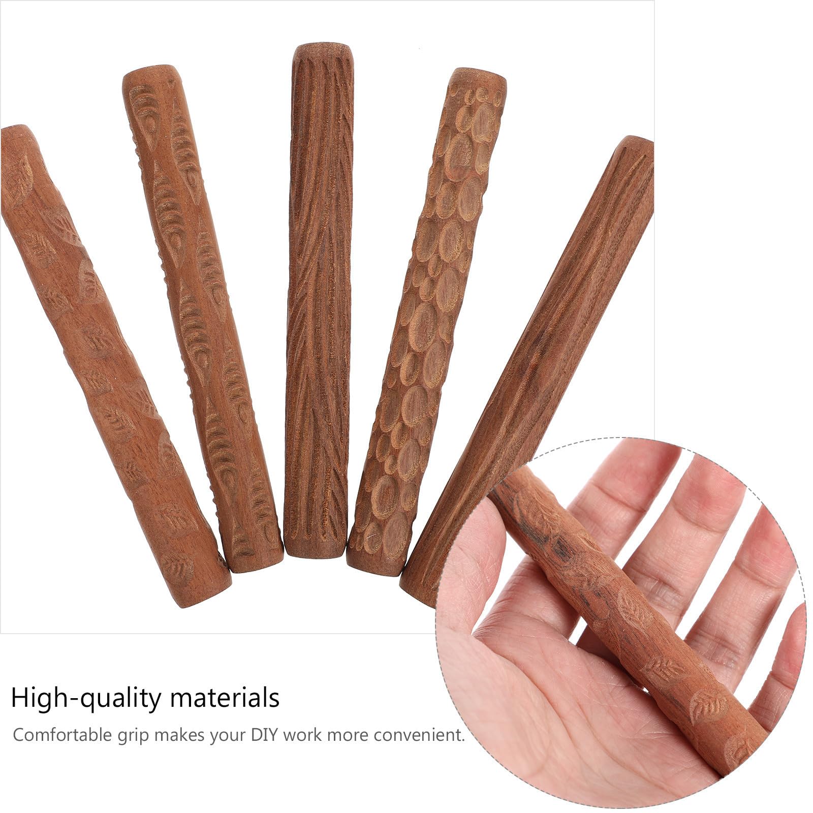 SHINEOFI 5 Piezas Rodillo de Madera para Arcilla Mango Cómodo y Diseño de Patrones, Herramienta Fácil de Almacenar Adecuado para DIY y Cerámica
