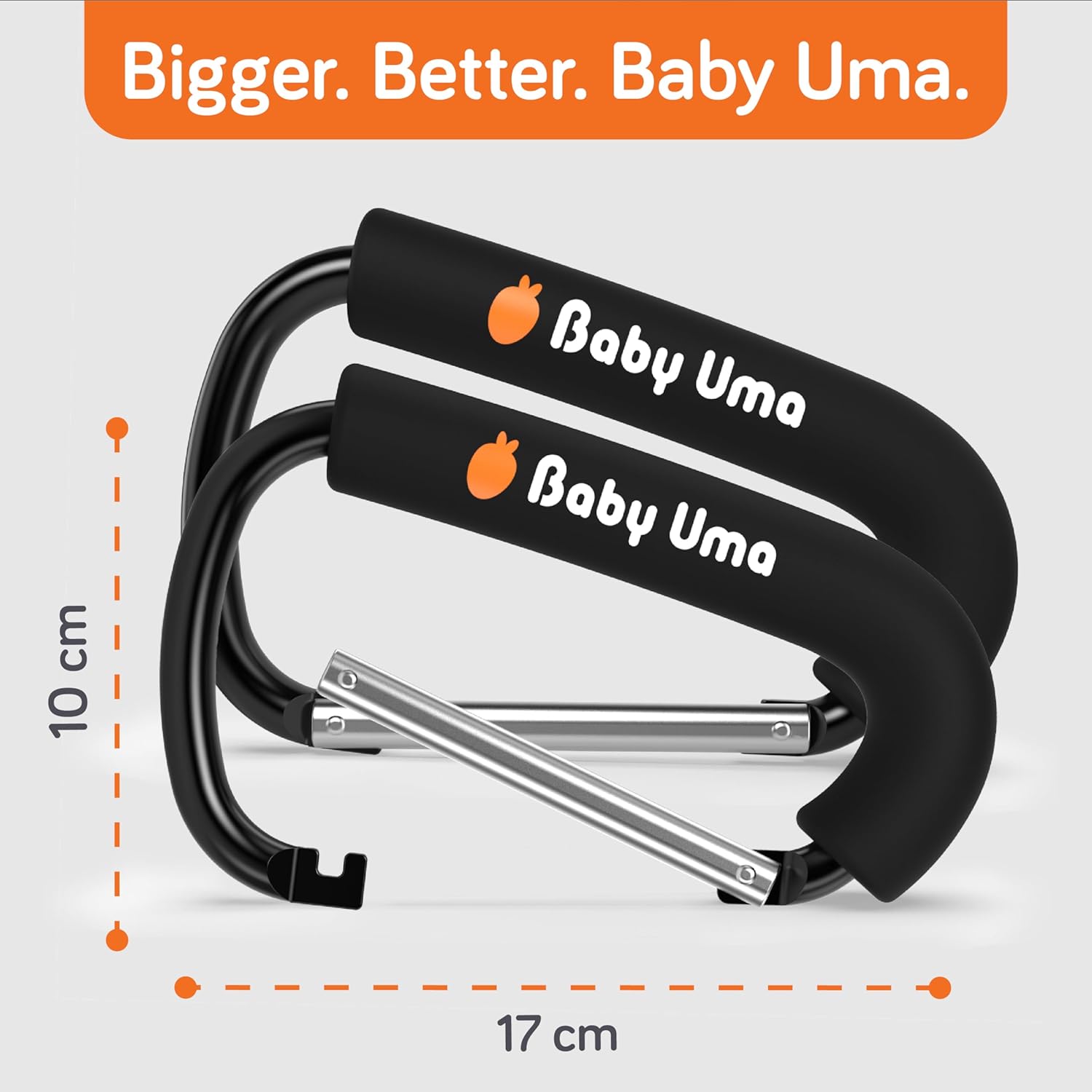 Baby Uma XL Stroller Hooks for Bags (2 Pack) - Universal Stroller Clips and Hooks with Foam Handle, 11 lb Weight Capacity per Carabiner, Adjustable & Non-Slip, Baby Travel Essential Carabiner Black X-Large image 7 of 7 B0C2ZC3TT4