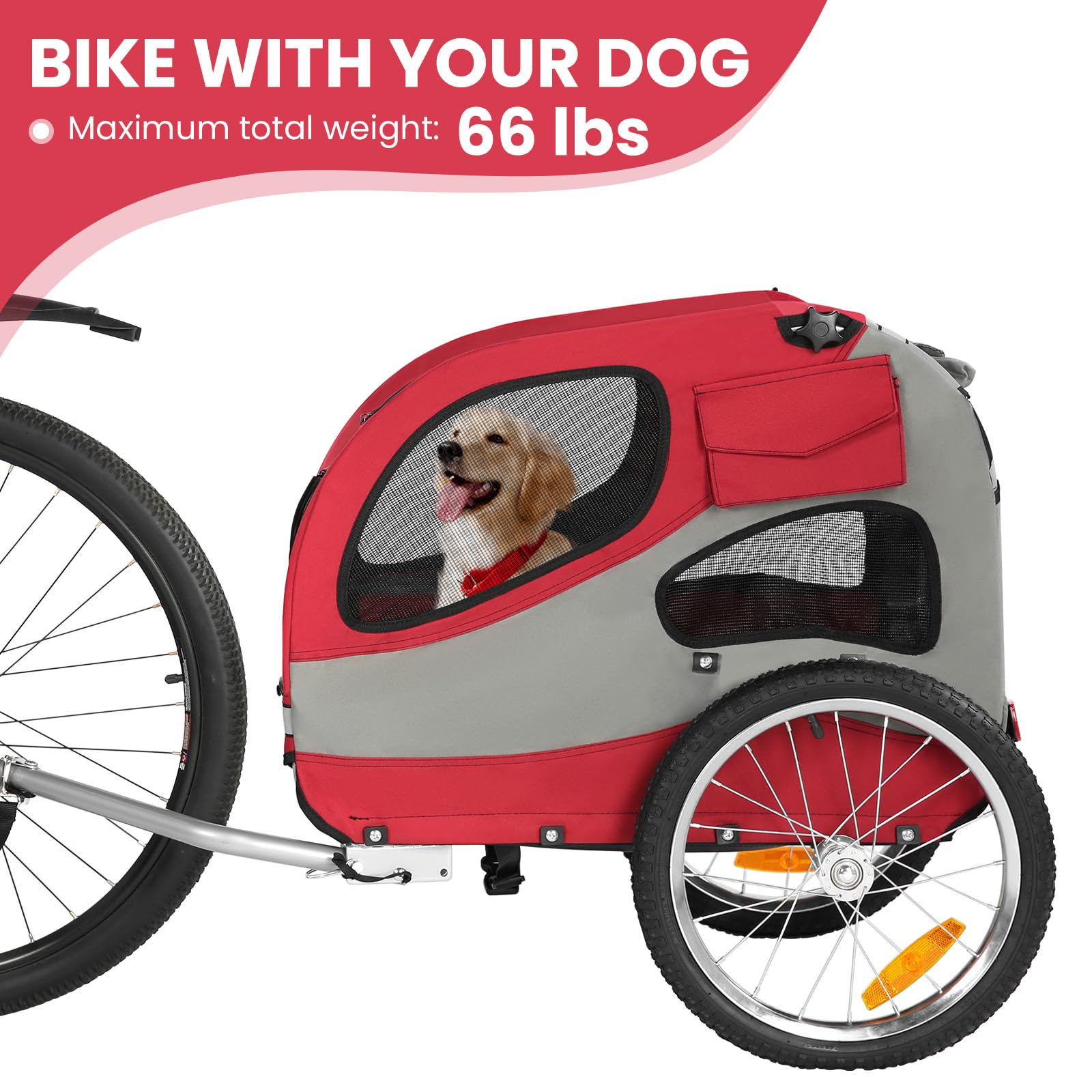 Rimorchio per cani per bicicletta, rimorchio per cani fino a 30 kg, pieghevole per cani con riflettori di sicurezza, custodia, interno imbottito e guinzagli di sicurezza