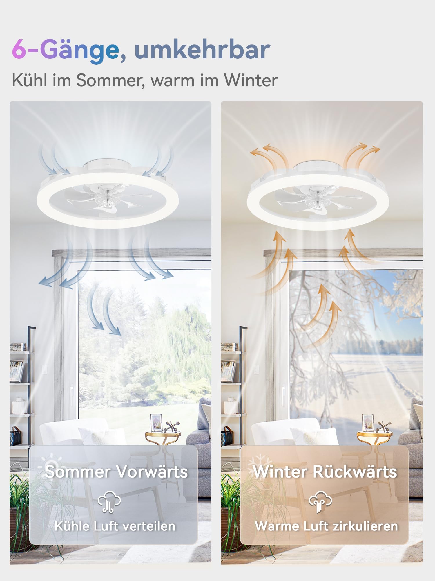 ZMISHIBO Deckenventilator mit Beleuchtung, RGB Deckenventilator mit Licht & Fernbedienung, Moderner dimmbarer Deckenventilator 51cm, 6 Geschwindigkeiten, App-Steuerung, leiser Einbau-Deckenventilator