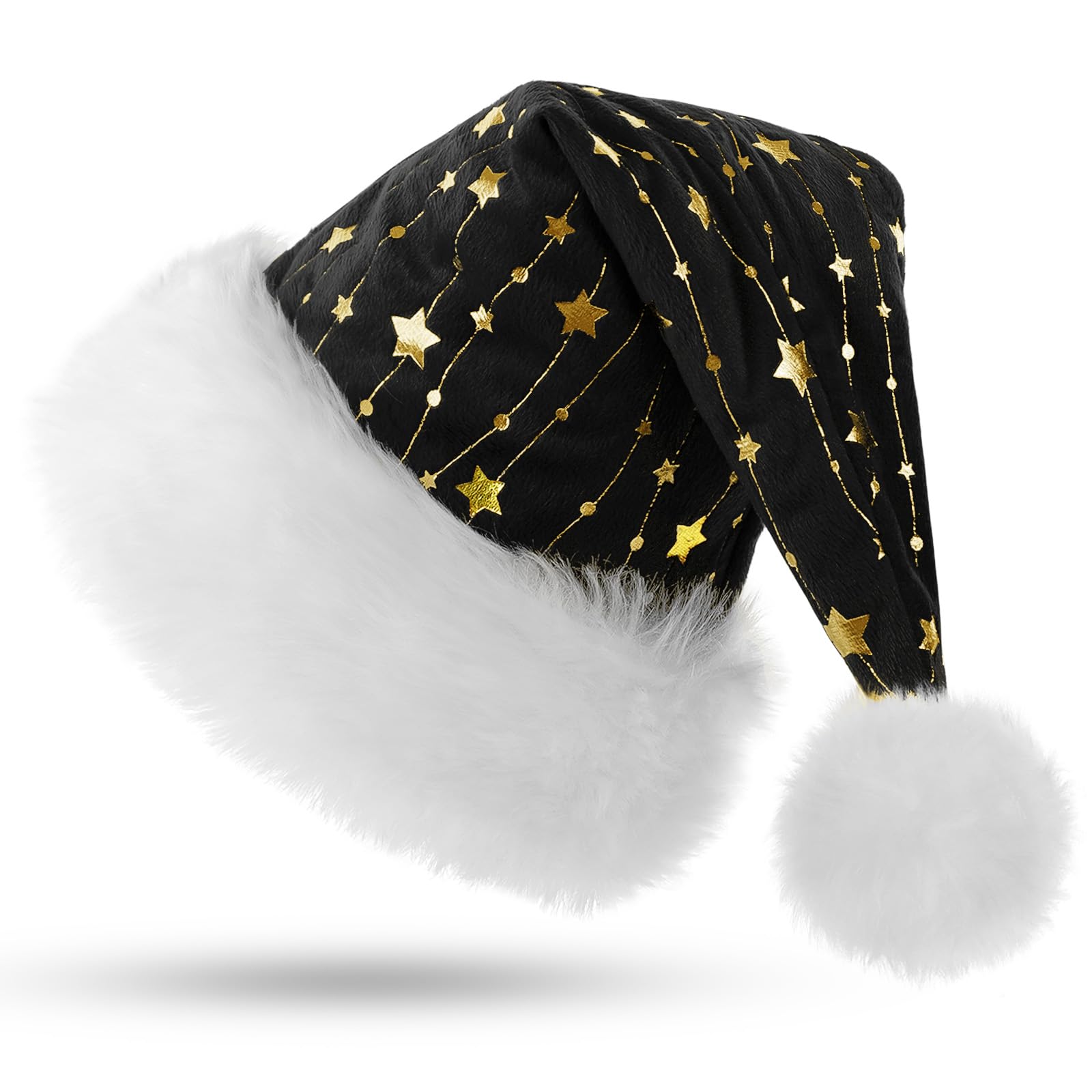 KONVINIT Black Santa Hat for Adults,Fluffy Christmas Hat with Gold Stars,Warm Large Xmas Hat for Men and Women,black