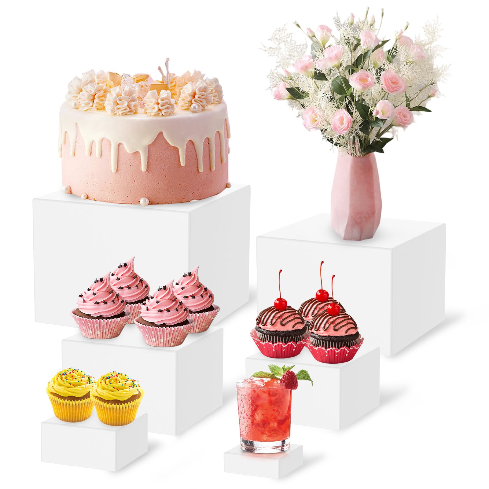Patnfr White 6Pcs Buffet Risers 6 Different Sizes Acrylic Food Display Riser Boxes Reusable Food Stand With Hollow Bottoms Stackable Dessert Table Display Set For Cake Dessert Jewelry Party Table (White)