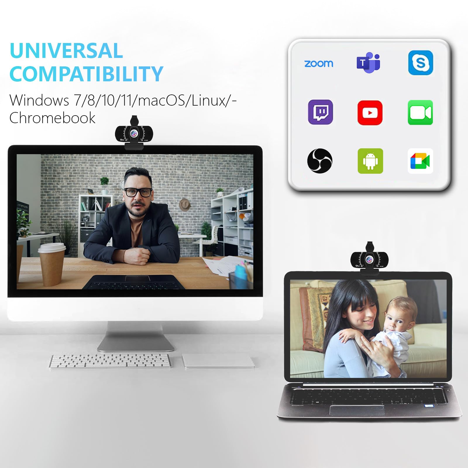 Akyta Cámara web 1080P con micrófono, cámara web con micrófono con cancelación de ruido/cubierta de privacidad/soporte/adaptador y gran angular de 110°, cámara web USB para computadora de escritorio