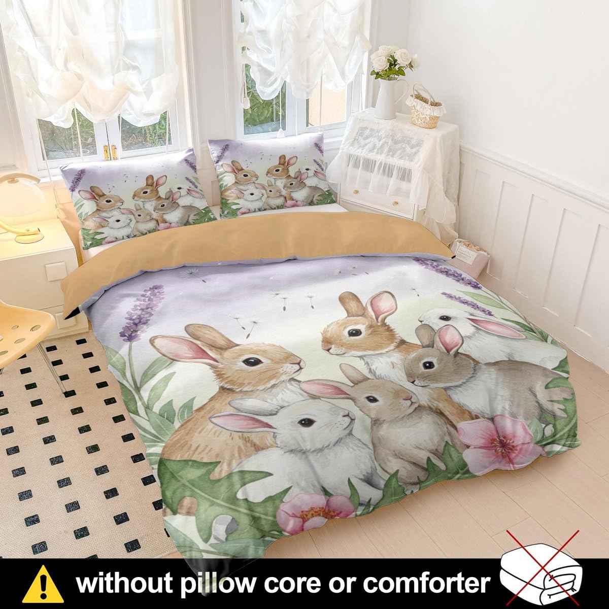 Set di biancheria da letto con copripiumino singolo a forma di coniglietto rosa, acquerello con fiocco, in morbida microfibra, per cameretta dei bambini, decorazione per la cameretta dei bambini (04