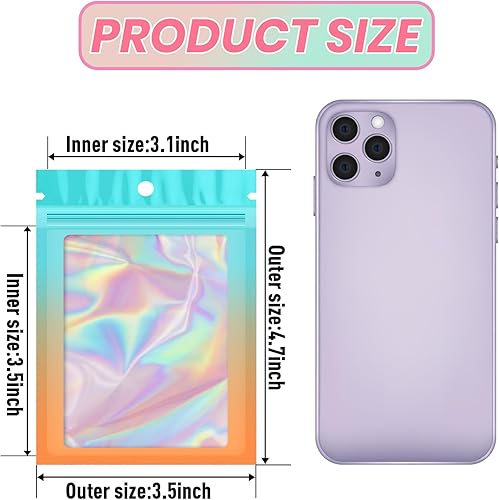 Miniatura 8 de Funfery Paquete de 100 bolsas holográficas degradadas, bolsas resellables de Mylar con cremallera, bolsas de embalaje transparentes para ventana,