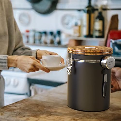 Miniatura 6 de Miscedence Recipiente de café de 35 onzas para café molido con rastreador de fecha, tapa de grano de madera de acero inoxidable 304, recipiente