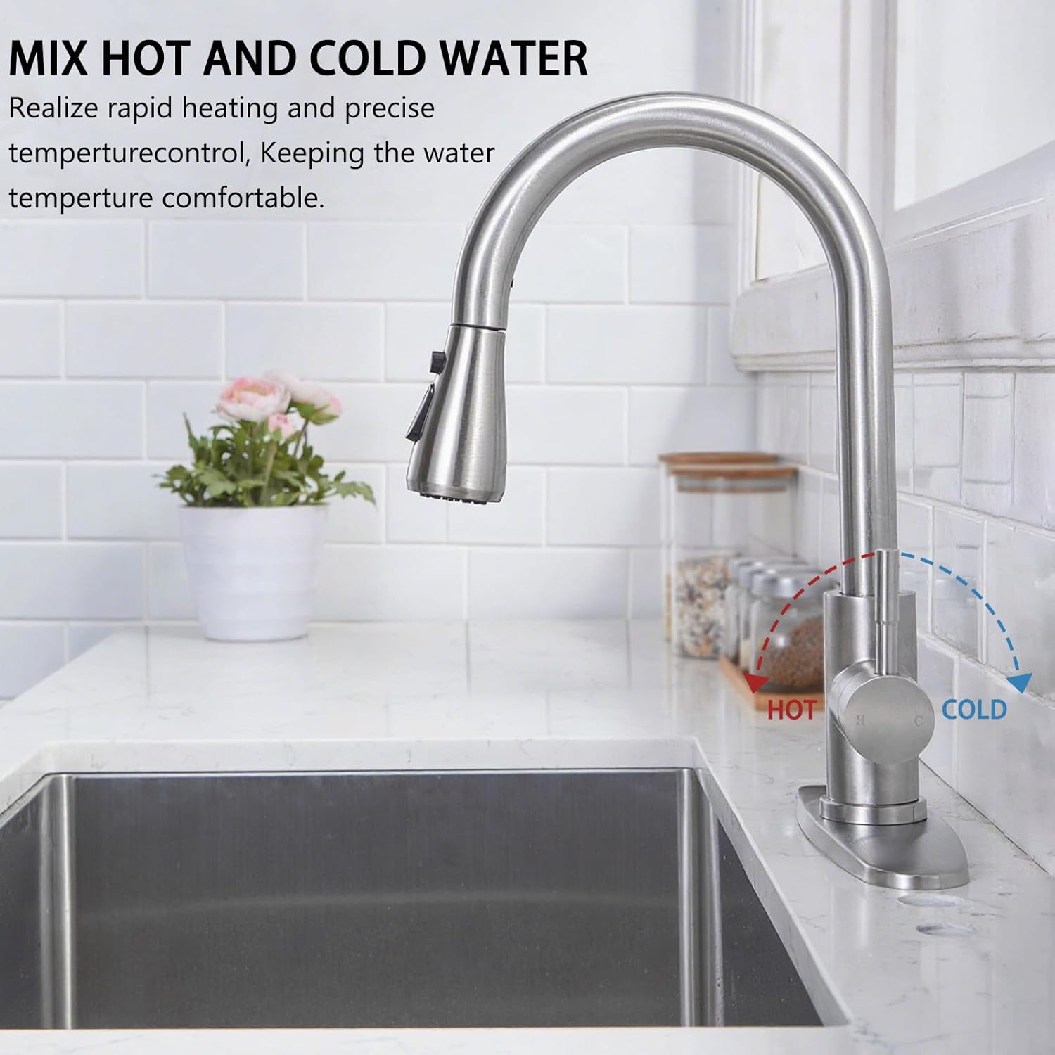 HOTIS Kitchen Faucet with Pull Down Sprayer, Brushed Nickel Stainless Steel High Arc Single Handle Faucets with Deck Plate for 1 or 3 Hole, Suitable for Farmhouse Camper Rv Bar, HT-KYT010L-D-2