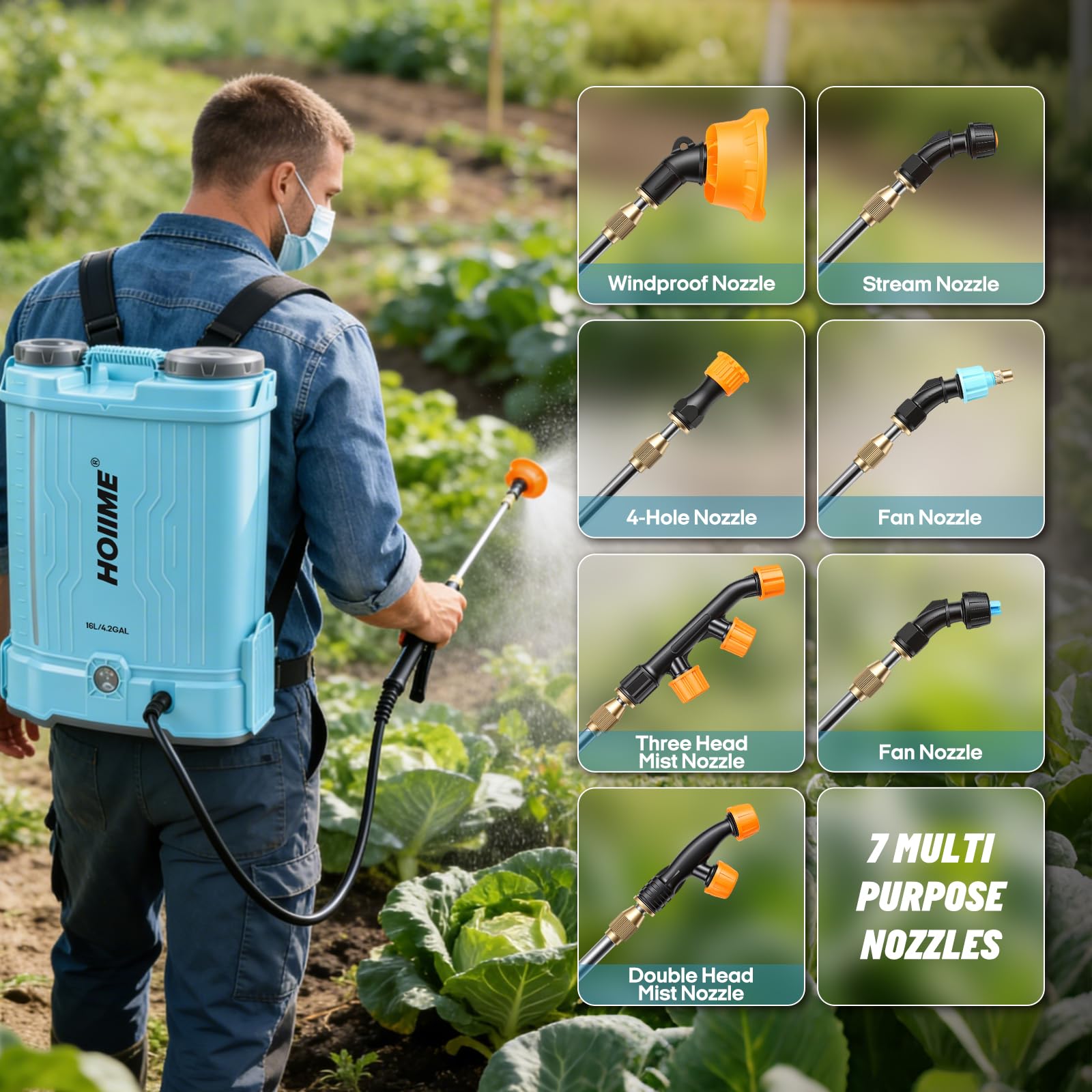Akku Drucksprüher 16L Gartenspritze Sprühgerät, 7 Düsen Elektrischer Pflanzensprüher Sprinkler 100 PSI Einstellbare Sprühstärke, Kompatibel mit Maki-TA 18V Batterien (Keine Batterie)