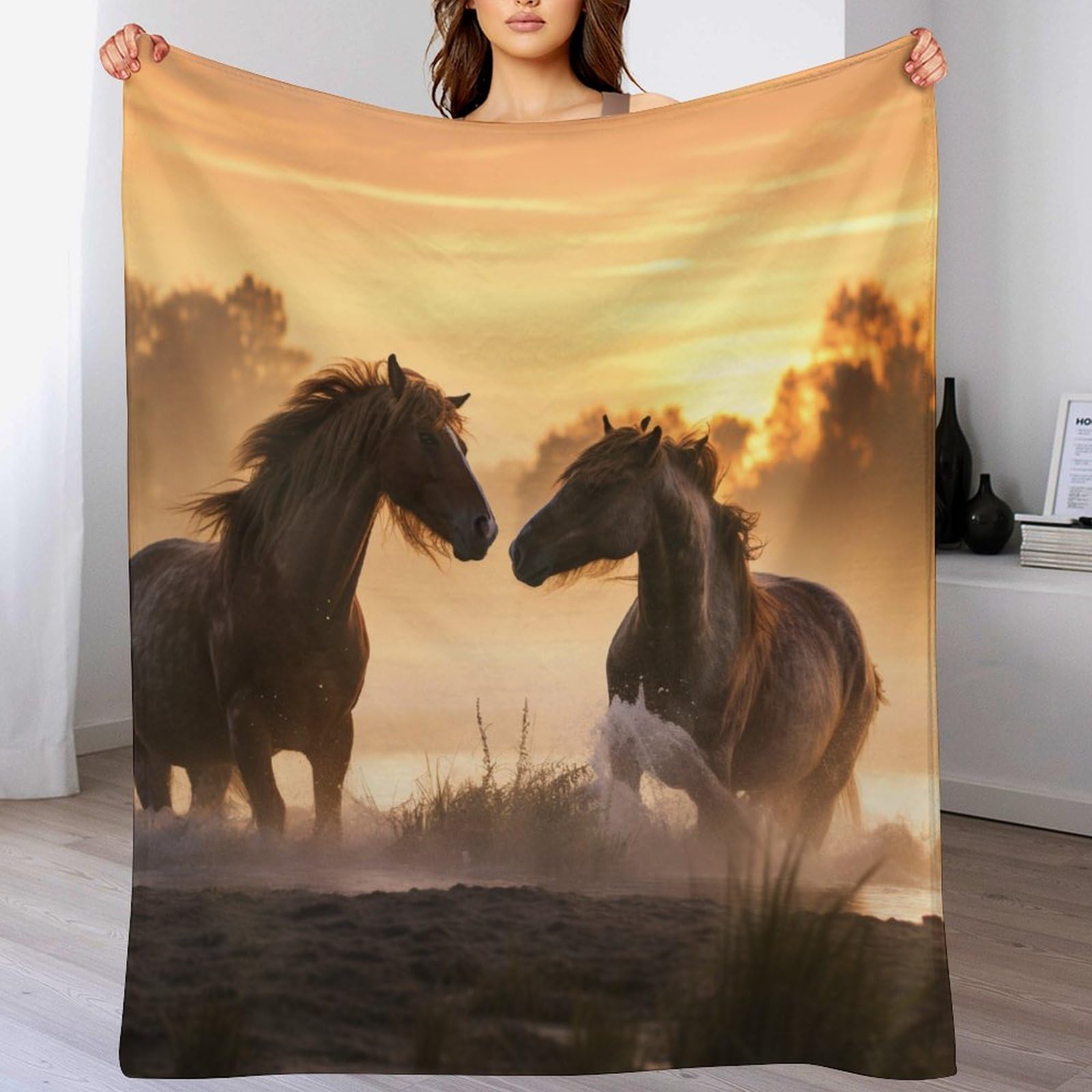 Couverture en flanelle cheval pour cocooning sur le canapé ou lit les soirs d'hiver
