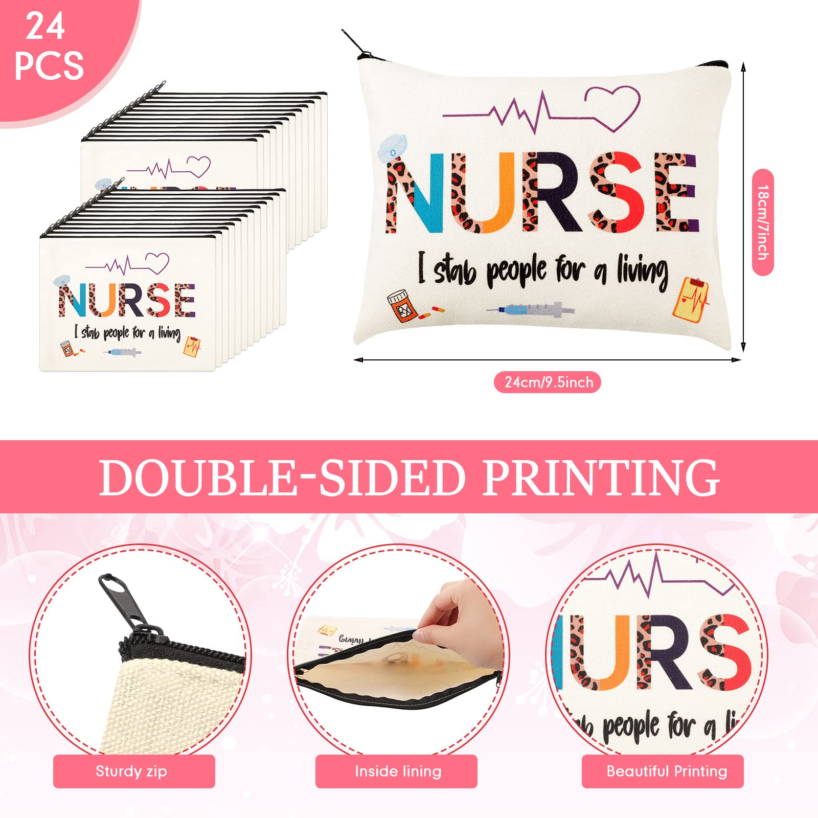 LEIFIDE 24 Pieces Cna Week Gifts Bulk 2025 Nurse Makeup Bags Nurse Appreciation Gift for Women, Canvas Cosmetic Bag Practitioner(Cute Style)