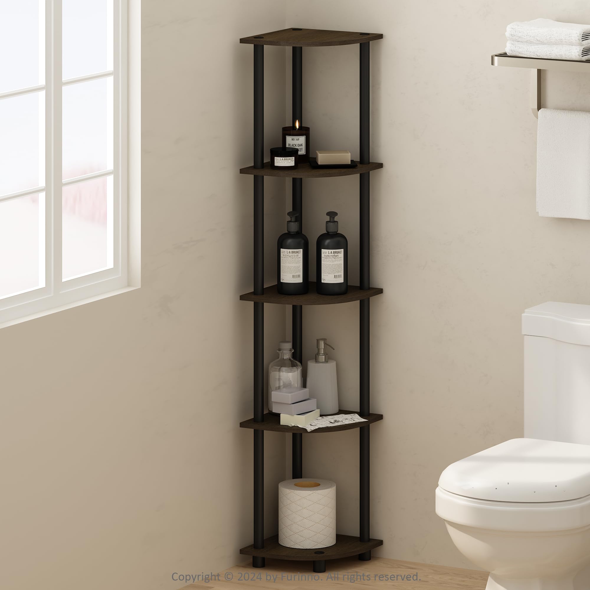 Furinno Turn-N-Tube Storage Shelves, 5-Tier Book Shelf, Corner Shelf, Toolless Open Shelves, for Organization and Storage, Living Room, Home Office, Hallway, Bedroom, Dark Brown Grain