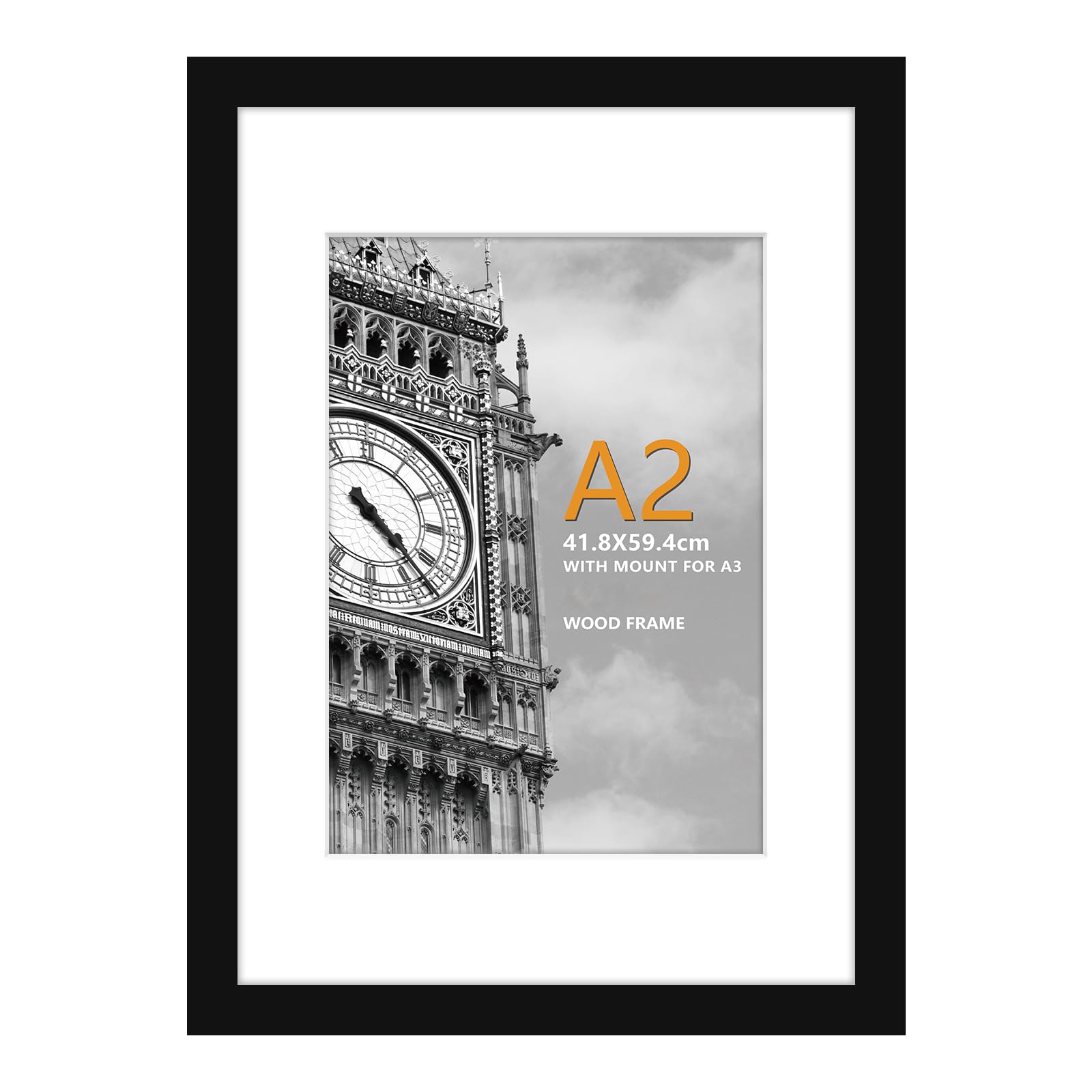 A2 Picture Frame, 100% Solid Wood Black Photo Frame, A2 Frame with A3 Mount