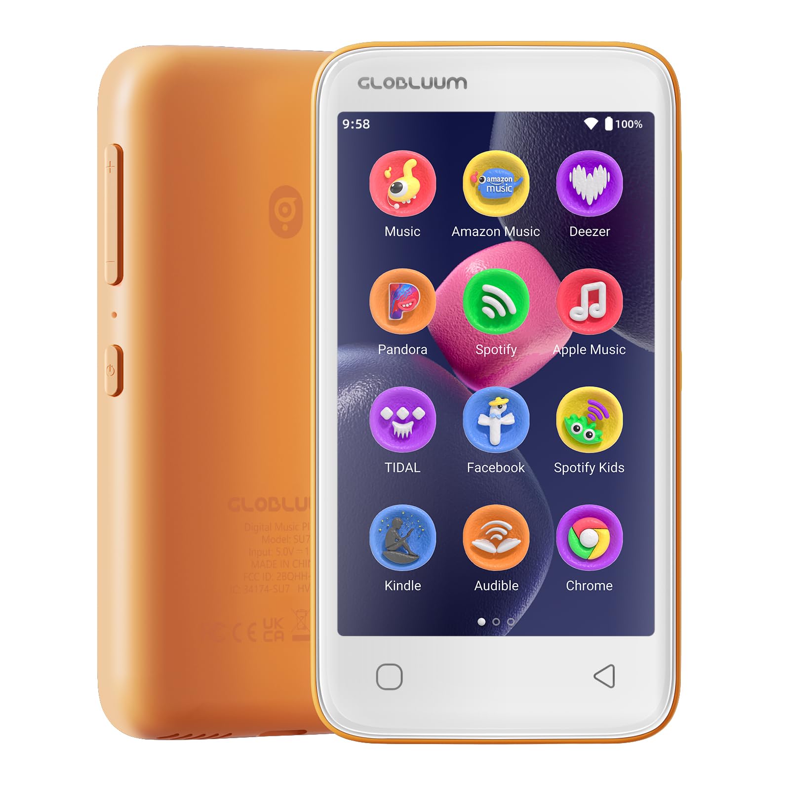 Lecteur MP3 96 Go avec Bluetooth 5.0 et WiFi, Lecteur de Musique Compatible Spotify, Audible, Amazon Music,Lecteur MP4 Android à écran Tactile 4 Pouces avec Son HiFi, Radio FM (Orange Cosmique)