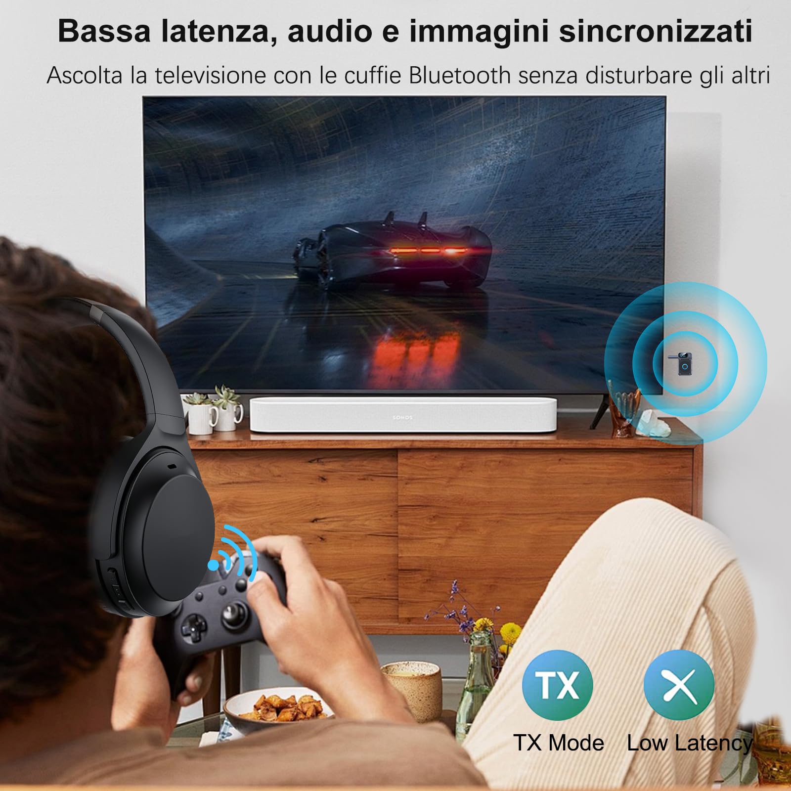 Adattatore Bluetooth V5.4 per TV audio su cuffie, trasmettitore 2 in 1, con jack AUX 3,5 mm e 14 ore di riproduzione