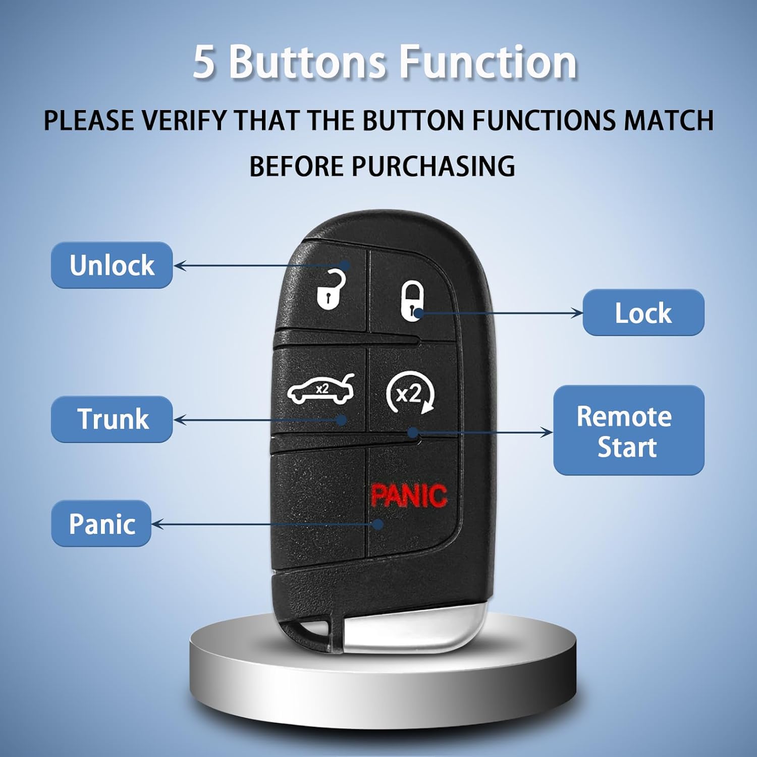 Smart Key Fob Replacement Fit for Chrysler 300/Dodge Charger/Challenger/Dart 2011-2018 5-Button Remote with Start 05026676AH/AC, 56046759AF M3N-40821302 433MHz - Image 6