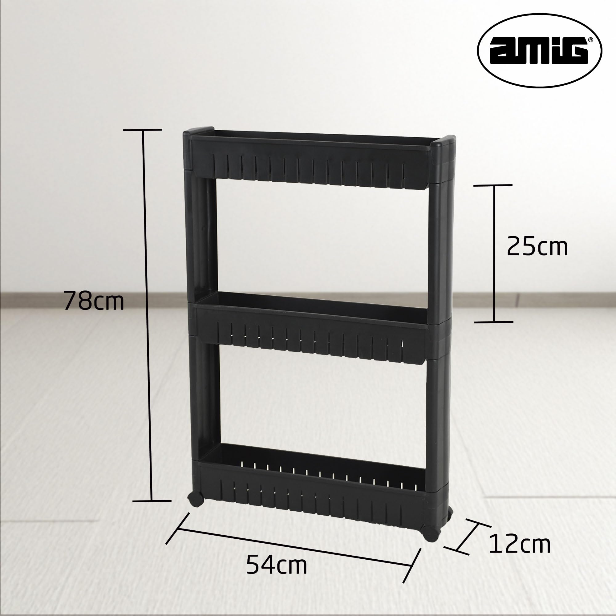Amig - Carrello stretto con ruote Böken - Nero - 54 x 12 x 78 cm - Carrello ausiliario per ripostiglio - Unità di stoccaggio a 3 livelli per bagno