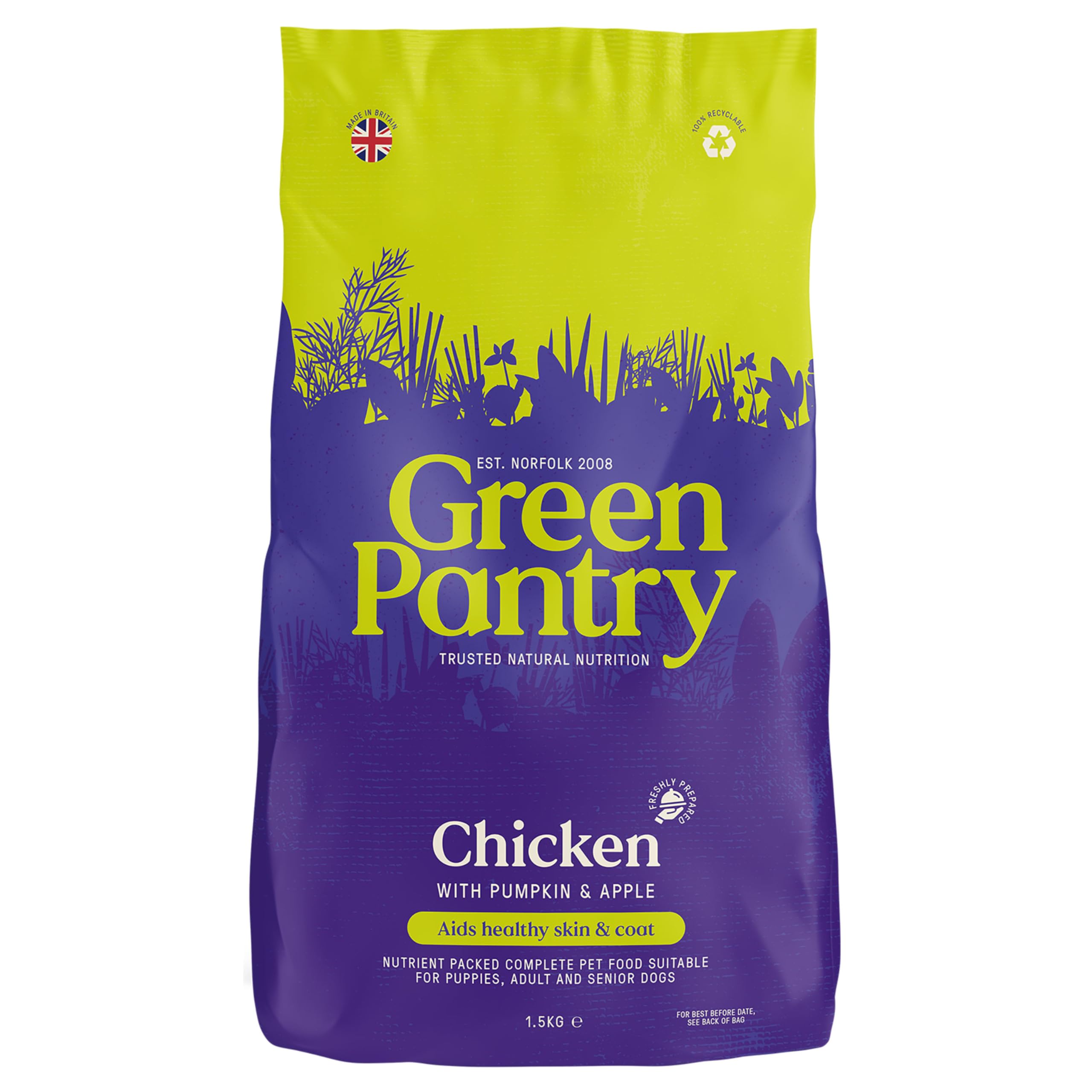 Green Pantry - Skin & Coat Support, Natural Grain Free Dry Dog Food, Chicken with Pumpkin & Apple, Hypoallergenic Adult Dog Food for Sensitive Skin & Coat, 1.5kg