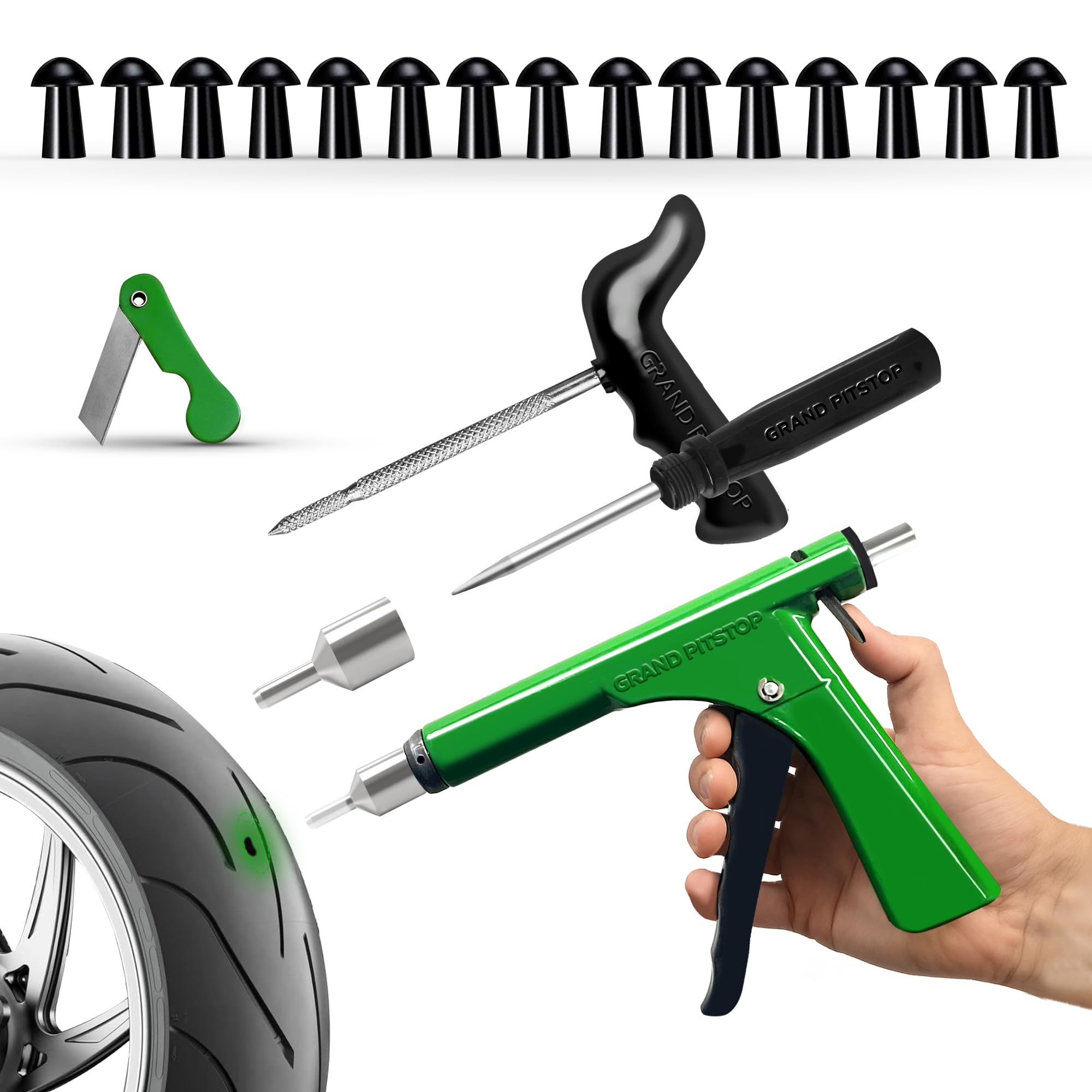GRAND PITSTOP 21 Pcs Tubeless Tire Gun Puncture Repair Kit with Mushroom Plug for Tyre Punctures and Flats on Cars, Motorcycles, ATV, Trucks & Tractors (15 Mushroom Plugs)