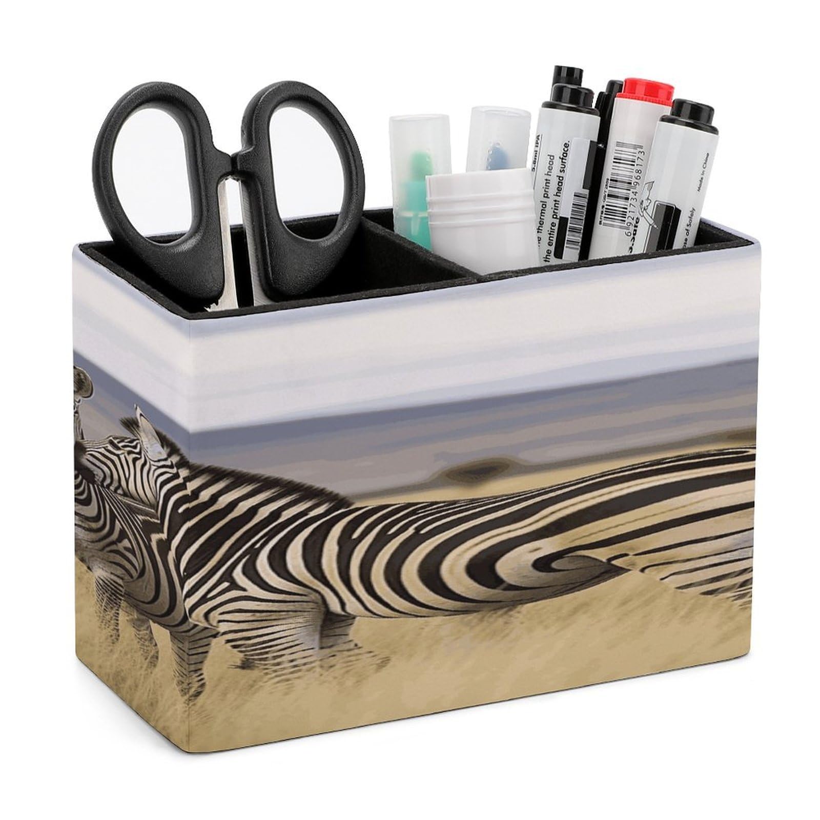 FekiLoot Zebras on South Africa Pen Holders for Desk Small Remote Control Holder Leather Pencil Cup with Double Compartments Desktop Organizer for Table Desk Office Space Saving