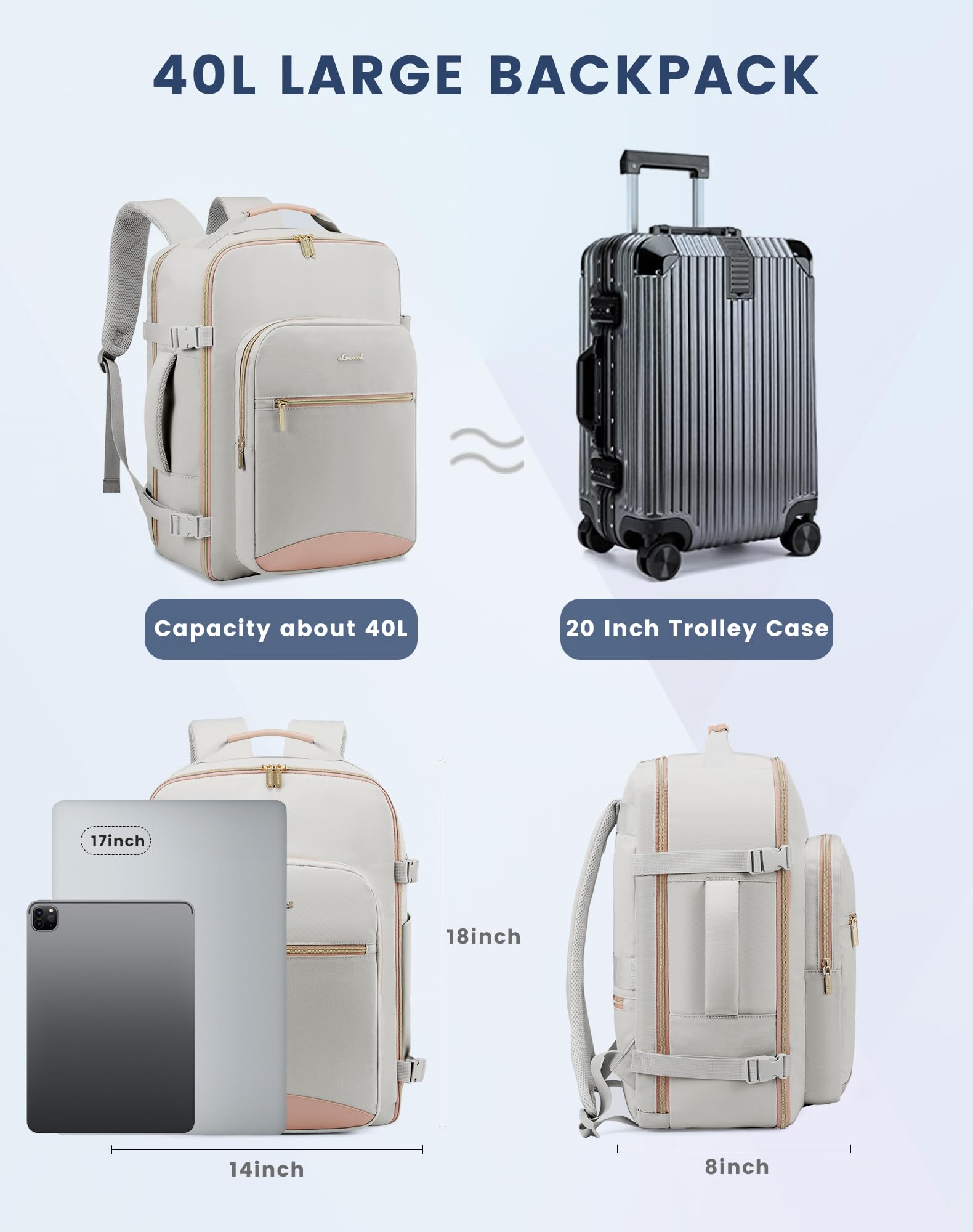 LOVEVOOK Zaino da Viaggio Aereo Bagaglio a Mano, Impermeabile Zaini Trolley Bagaglio Donna 40L Cabin Max per Ryanair Easyjet, Grande Zaino Porta PC 17 Pollici Valigia Borsa a Zainetto