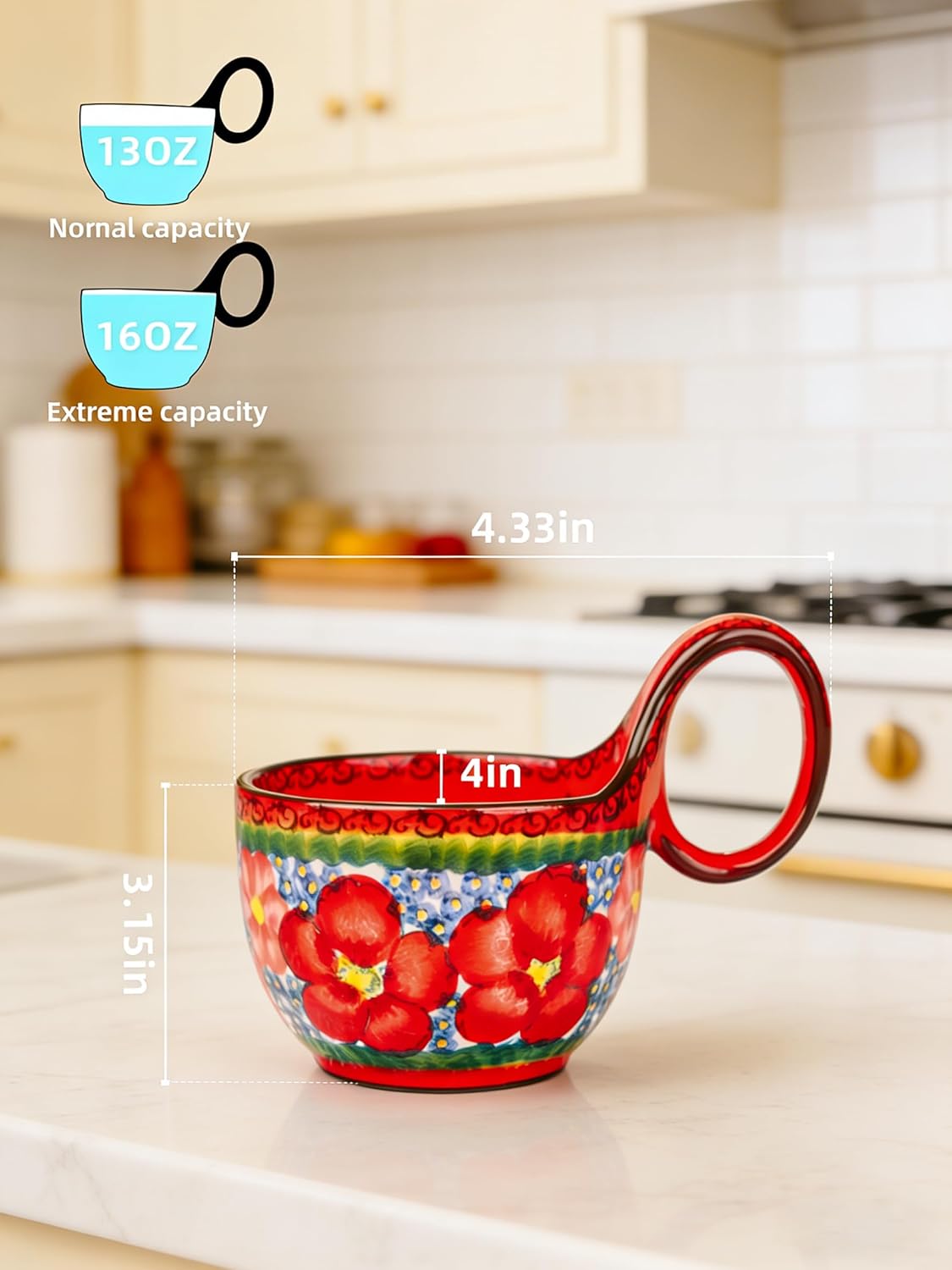 silesia Handmade Ceramic Soup Bowl with Loop Handle, Hand Painted Floral Cereal Bowl, Artisanal Soup Mug for Chili, Stew, Oatmeal, Microwave Safe, Glazed Red