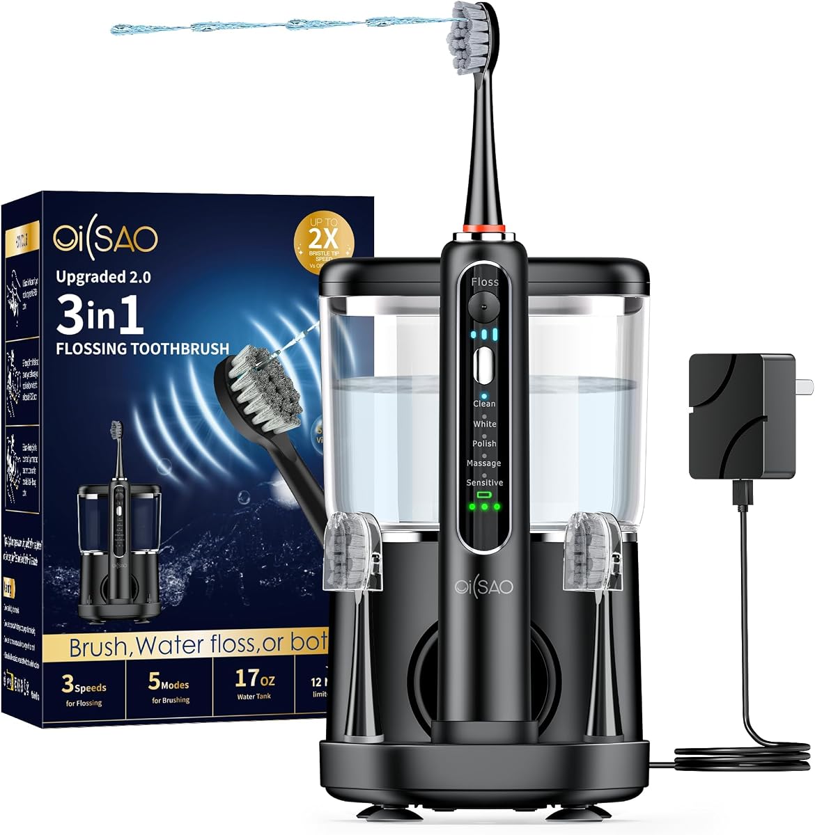 cepillo de dientes eléctrico con hilo dental combinado, cepillo de dientes con hilo dental sónico, Bl | 3 en 1,5 modos de cepillo, tanque de 500 ml, cuidado de las encías, compatible con aparatos ortopédicos, combinación de cepillo dental sónico y hilo dental para limpieza de puentes