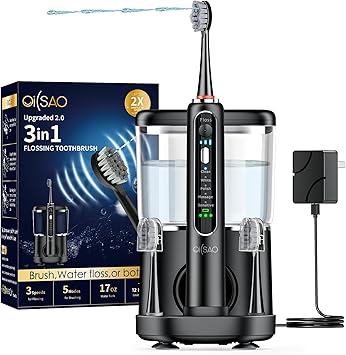 Electric Toothbrush with Water Flosser Combo, 3-in-1 Sonic Flossing Toothbrush and Dental Water Flosser for Teeth Cleaning, Gum Care, Braces, Bridges, Adults, 5 Brush Modes, 500ML, Black