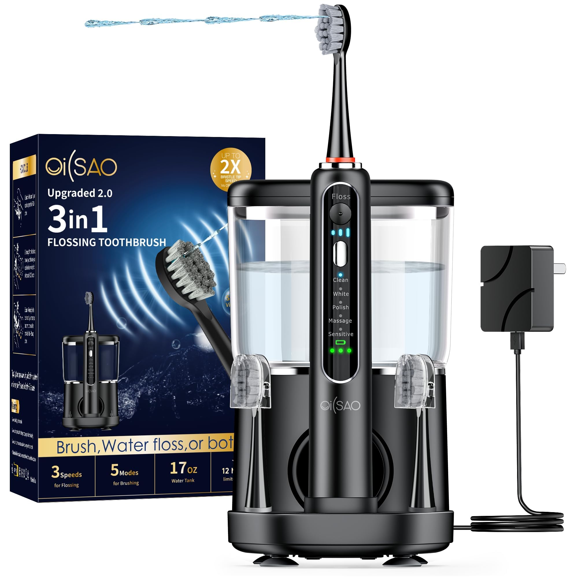 Electric Toothbrush with Water Flosser Combo, 3-in-1 Sonic Flossing Toothbrush and Dental Water Flosser for Teeth Cleaning, Gum Care, Braces, Bridges, Adults, 5 Brush Modes, 500ML, Black