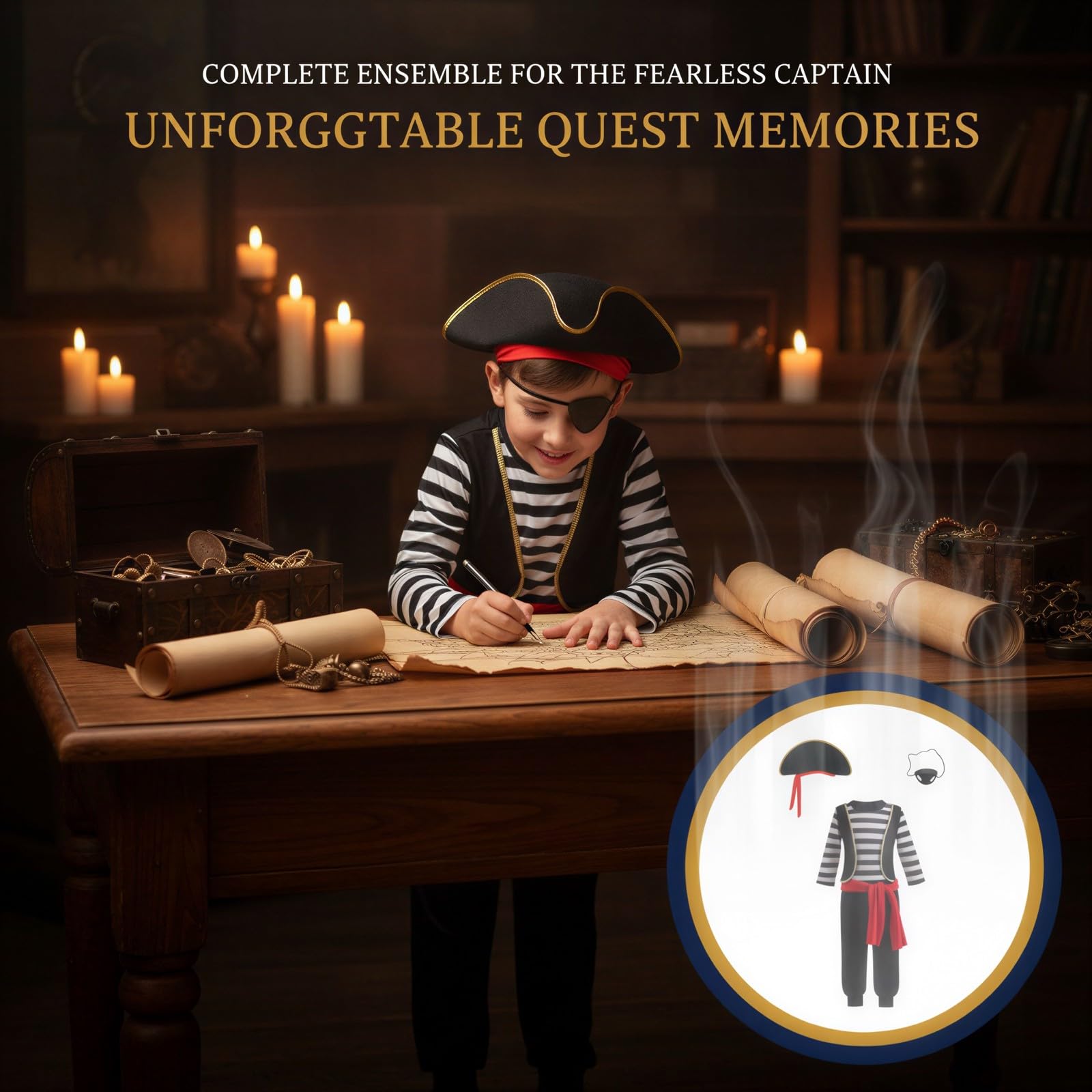 Costume da pirata per ragazzi, completo con camicia a righe e tuta, include copertura per gli occhi, per Halloween, feste di ruolo