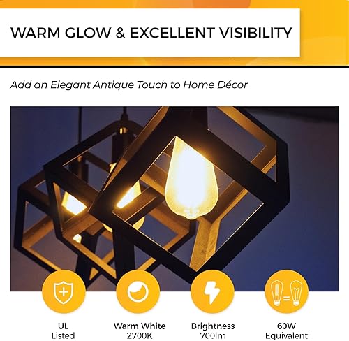 Miniatura 2 de Hizashi Bombillas Edison regulables LED de 60 W, bombilla E26 de 2700 K, blanco cálido ST19, bombillas vintage, 95+CRI, certificación UL, 700