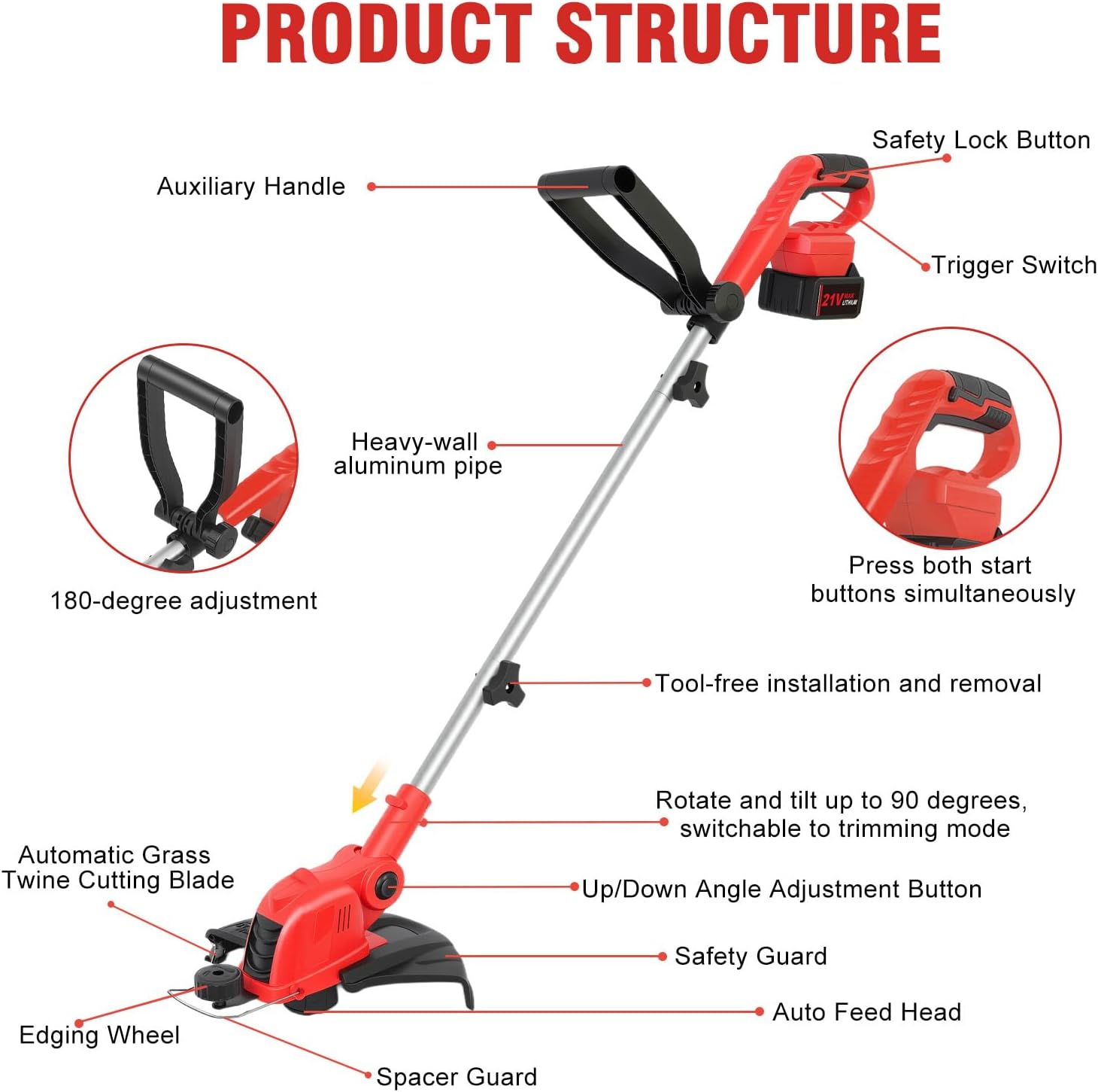 21V Cordless String Trimmer & Edger, 12" Auto-Feed Grass Cutter with 4.0Ah Battery & Fast Charger, 2-in-1 Electric Lawn Tool Includes 10 Lines for Garden and Yard Maintenance-Red