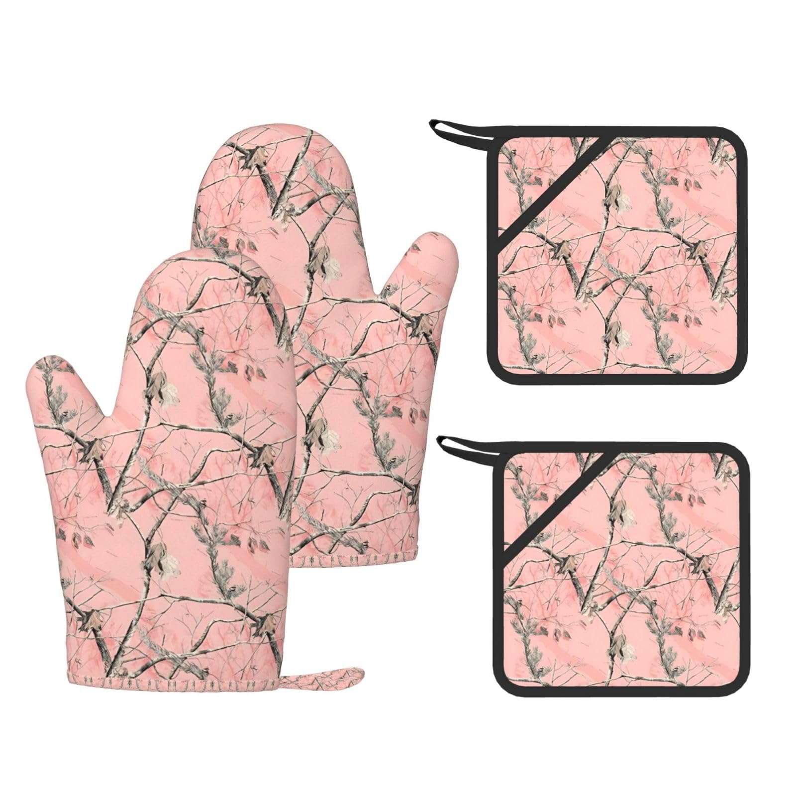 Pink leaves Camo Printed Cooking Mitts and Pot Holders 4 Pcs, Heat Resistant Oven Gloves with Hanging Loop Chef