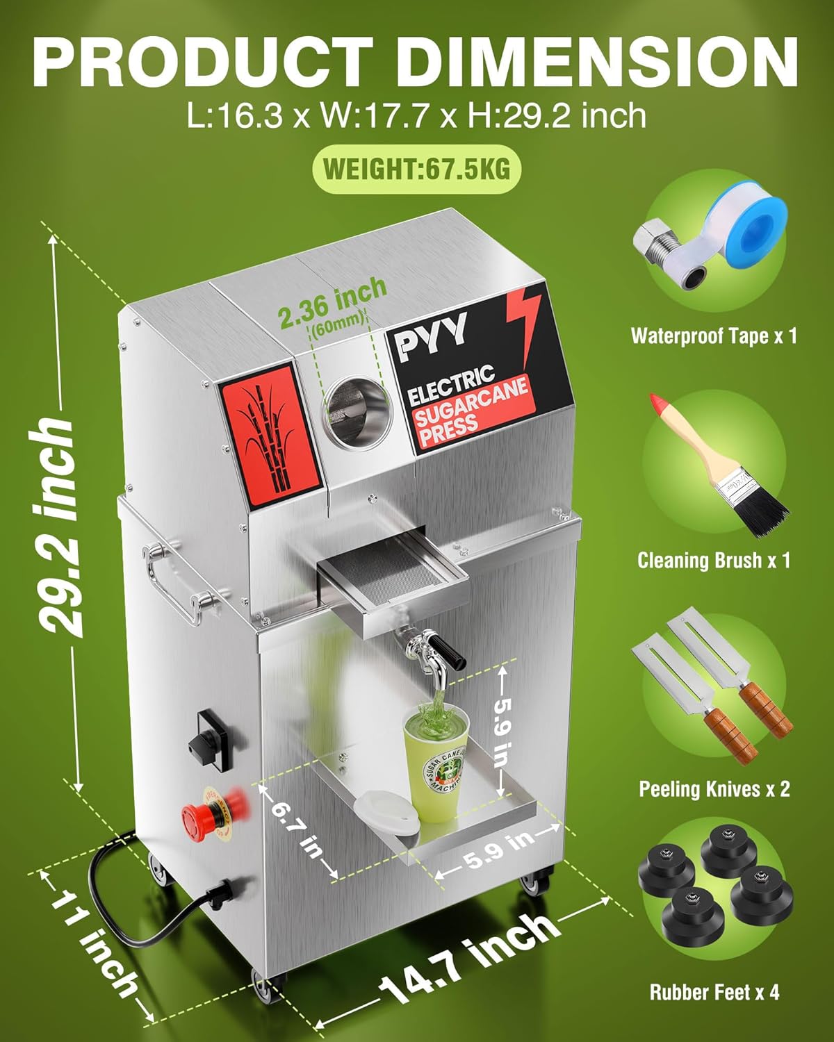 PYY Commercial Sugar Cane Juicer Machine - Electric 3-Roller Sugarcane Juice Press Stainless Steel Extractor, Sugarcane Machine with Cleaning Brush, 2 Peelers,Straws and Cups, 800W 110V 26Inch