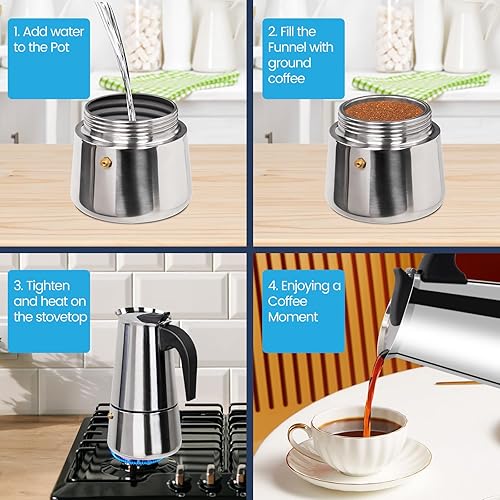 Miniatura 5 de Olla de acero inoxidable para 2 tazas de café expreso italiano, cafetera para estufa, cafetera de moca, cafetera greca para estufa de inducción,