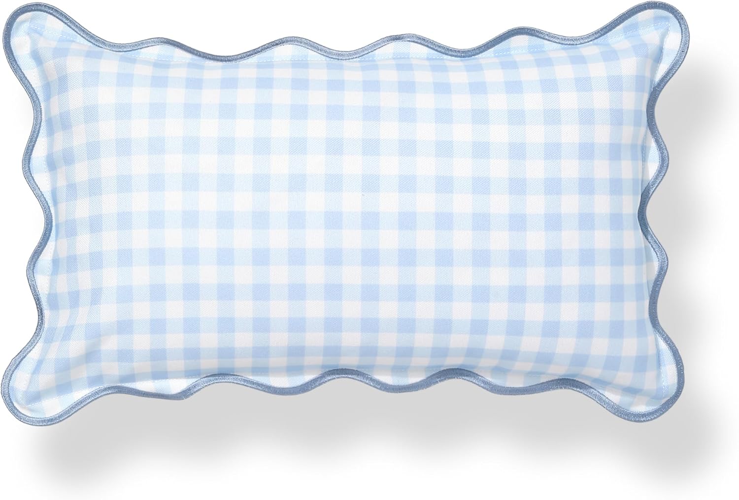 Hofdeco Premium Coastal Hampton Scalloped Patio Indoor Outdoor Lumbar Pillow Cover Only, 12"x20" Water Repellent for Backyard, Couch, Poolside, Baby Blue Print Gingham