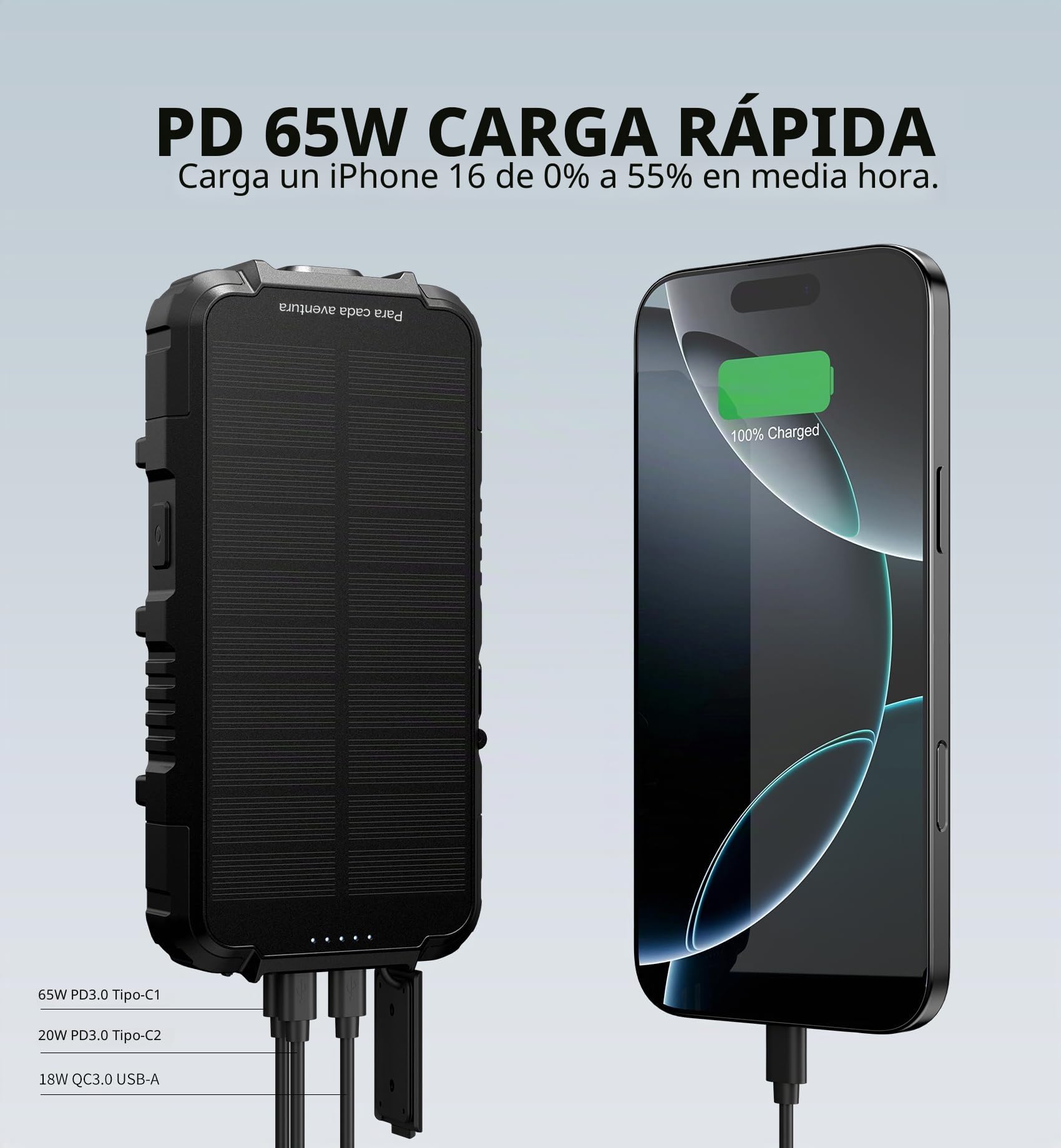 Dexnor Power Bank Solar 27.000mAh con Carga Rápida 65W PD3.0 & QC3.0, Batería Externa Portátil con Cargador Inalámbrico, Linterna y Mosquetón - Compatible con MagSafe y Qi