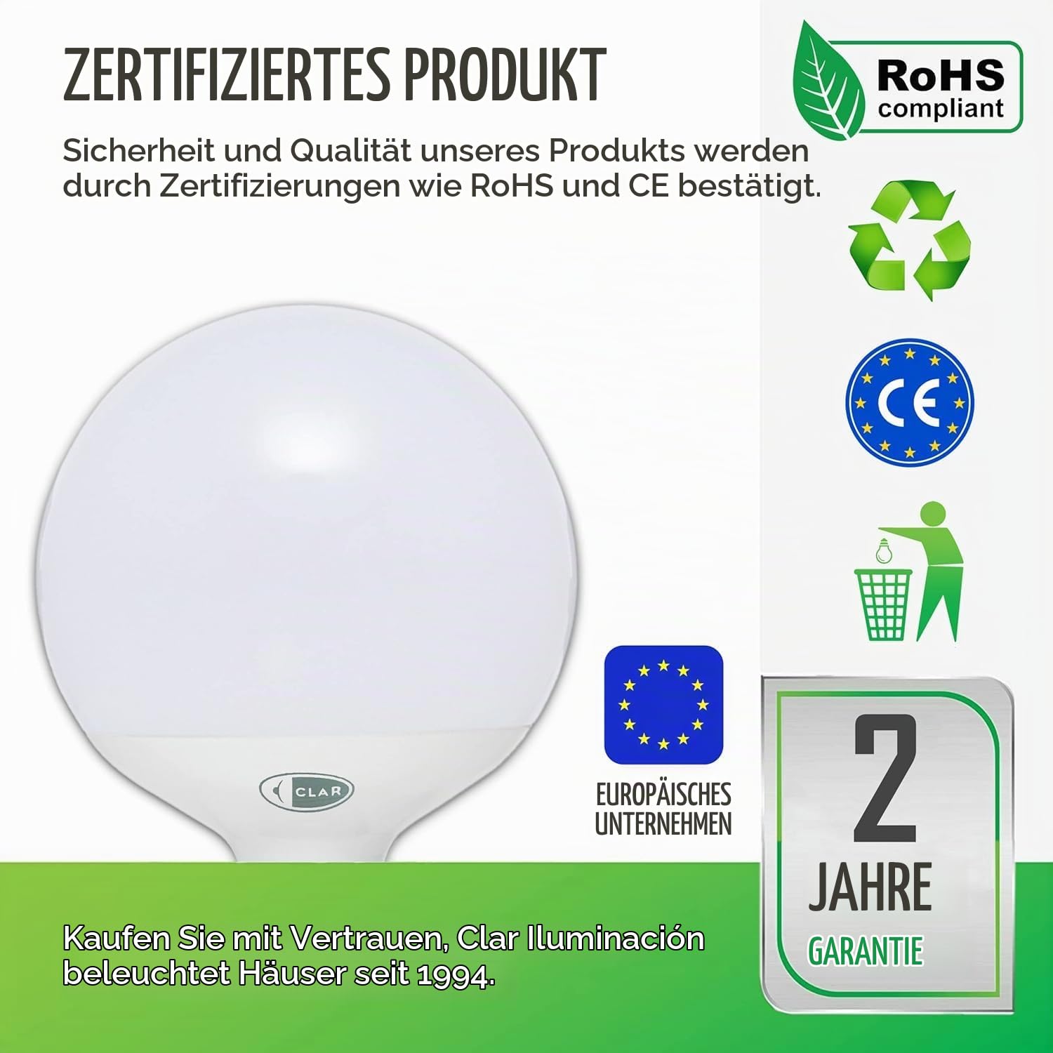 CLAR - Glühbirne Groß, Dekorative Glühbirne, Glühbirne E27 Groß, Durchmesser 95 mm (G95), Nicht dimmbares Leuchtmittel, Warmweiß 3000ºk, 20W (Pack 6)