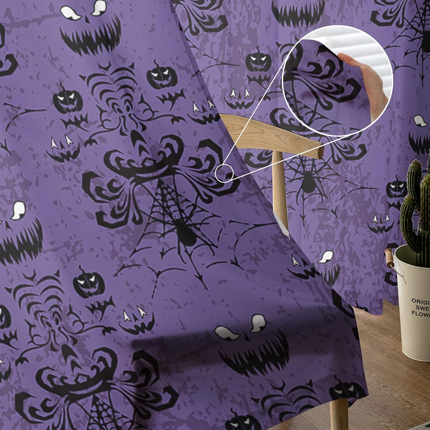 ハロウィン お化け屋敷 シアーカーテン 長さ84インチ パネル2枚セット ハロウィンマンション装飾 パープル 半透明 ボイル ロッド